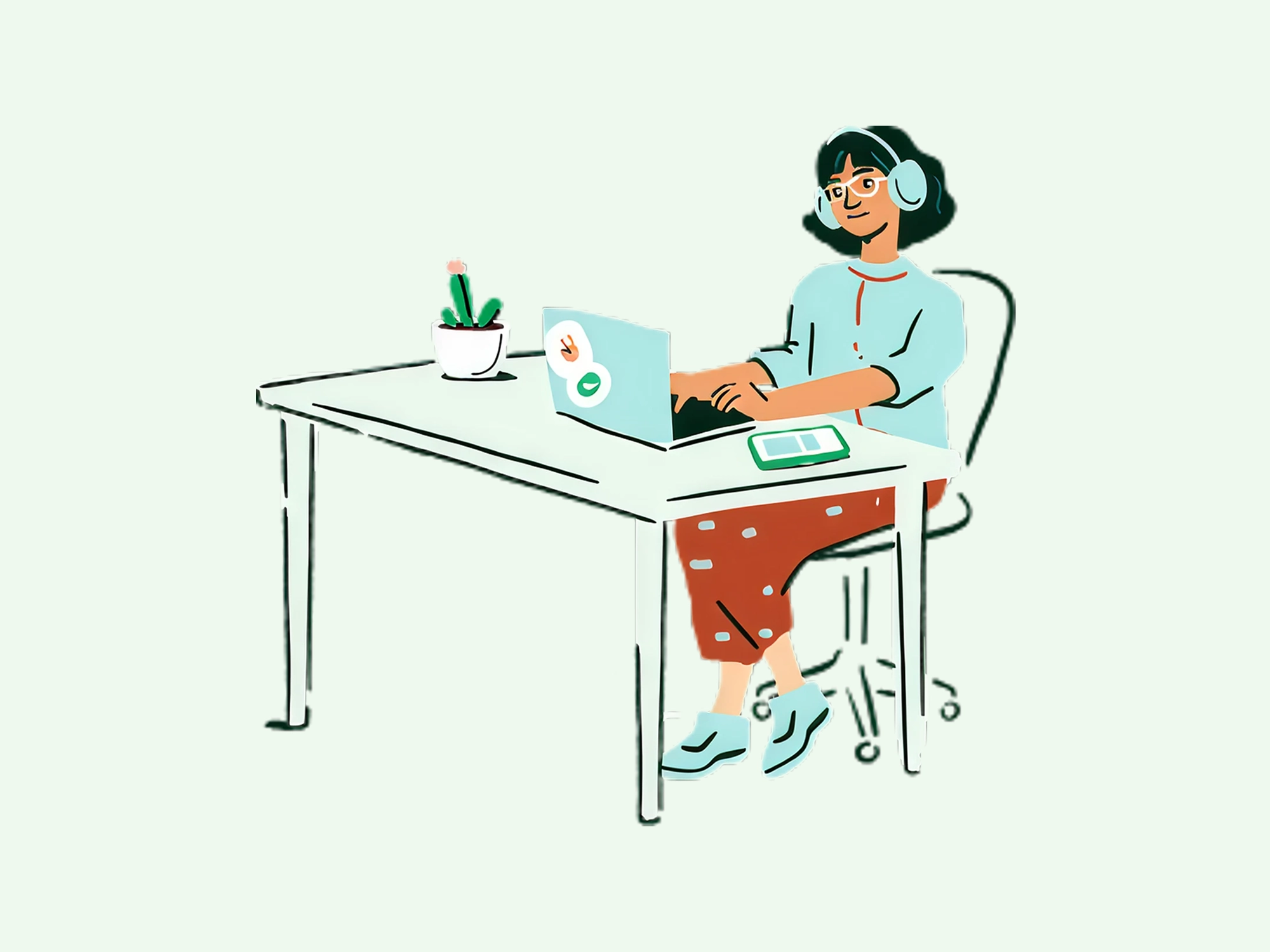 Illustration of woman with headphones working on laptop at desk with small plant and smartphone, wearing light blue top and red skirt.