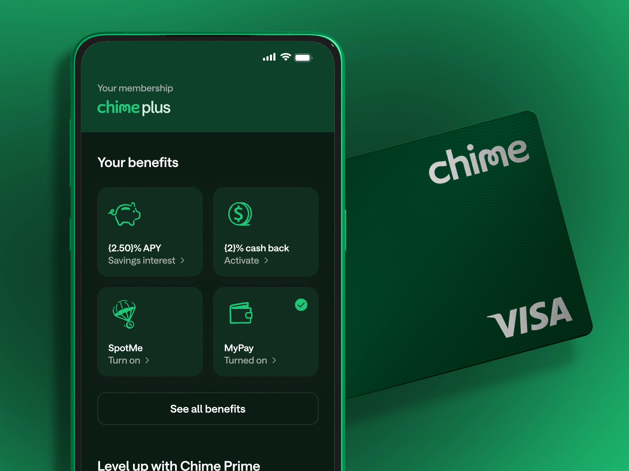 A phone with a Chime Plus screen with a Chime card.