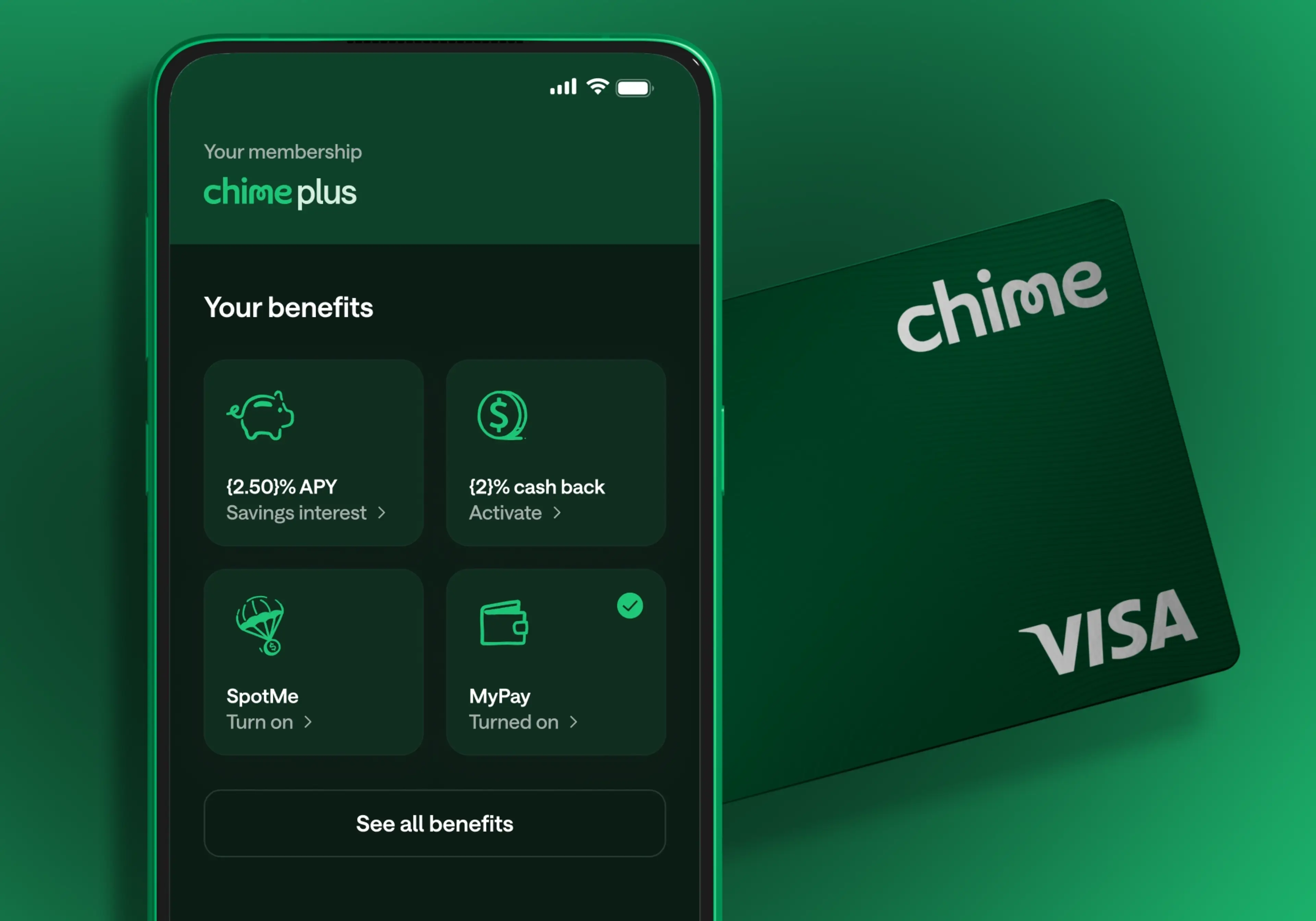 A phone with a Chime Plus screen with a Chime card.
