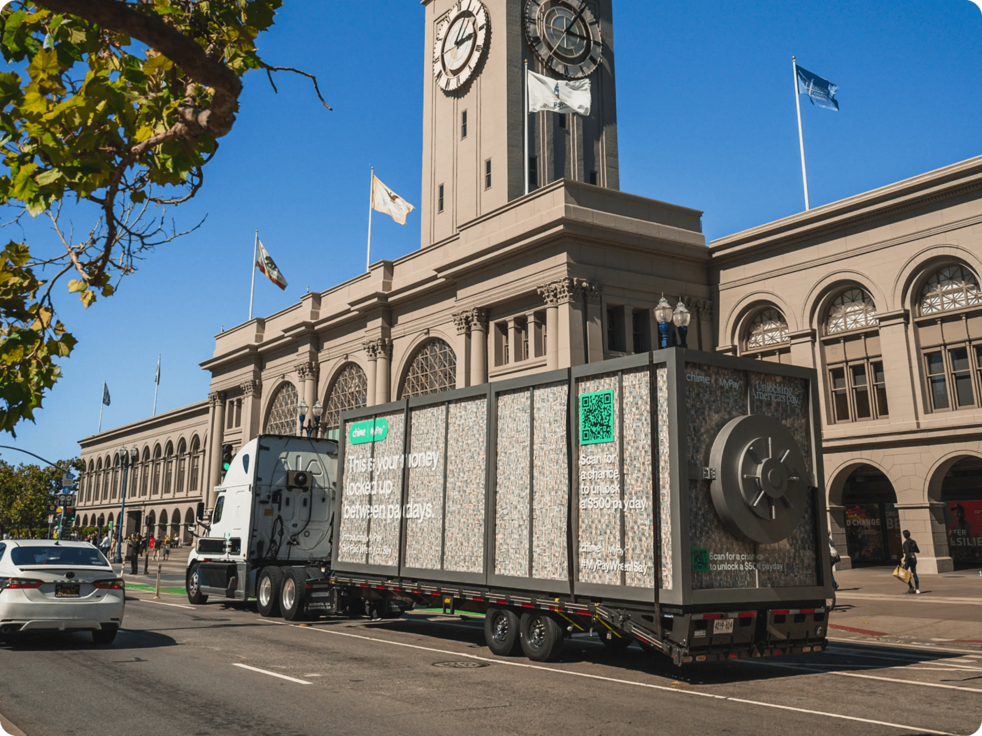 The Chime MyPay Vault truck in front of the Ferry Building in San Francisco.