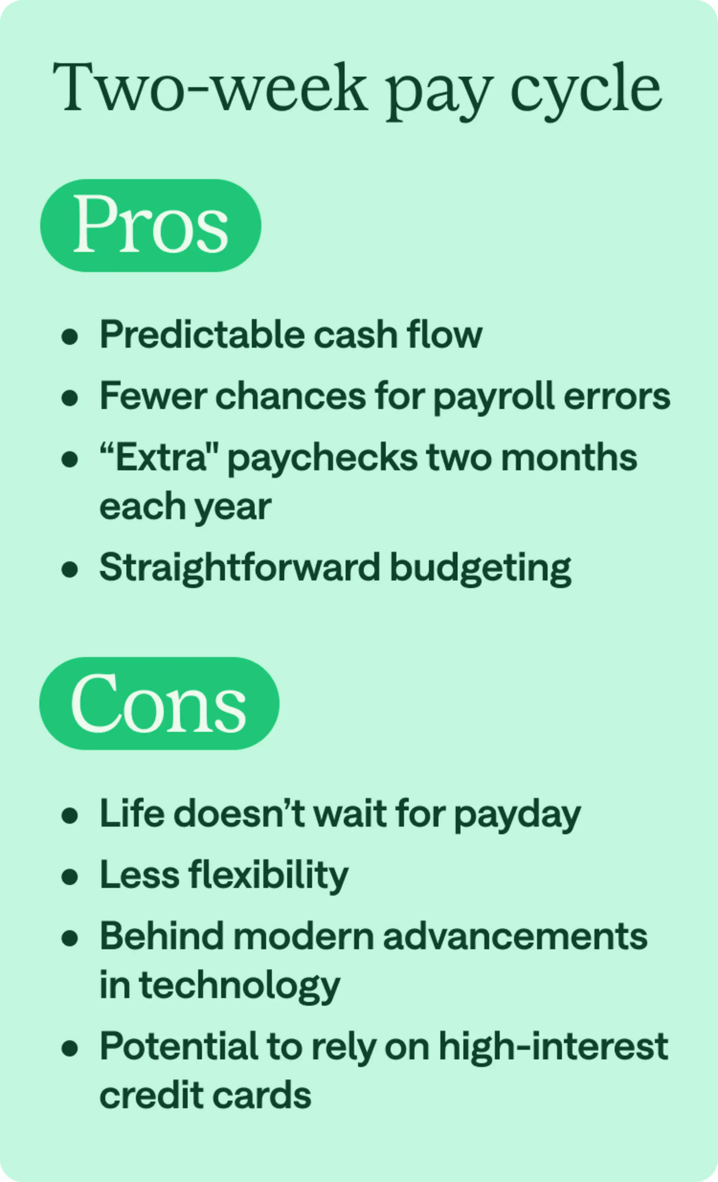 Two-week pay cycle. Pros: Predictable cash flow, fewer chances for payroll errors, "extra" paychecks two months each year, straightforward budgeting. Cons: Life doesn't wait for payday, less flexibility, behind modern advancements in technology, potential to rely on high-interest credit cards.