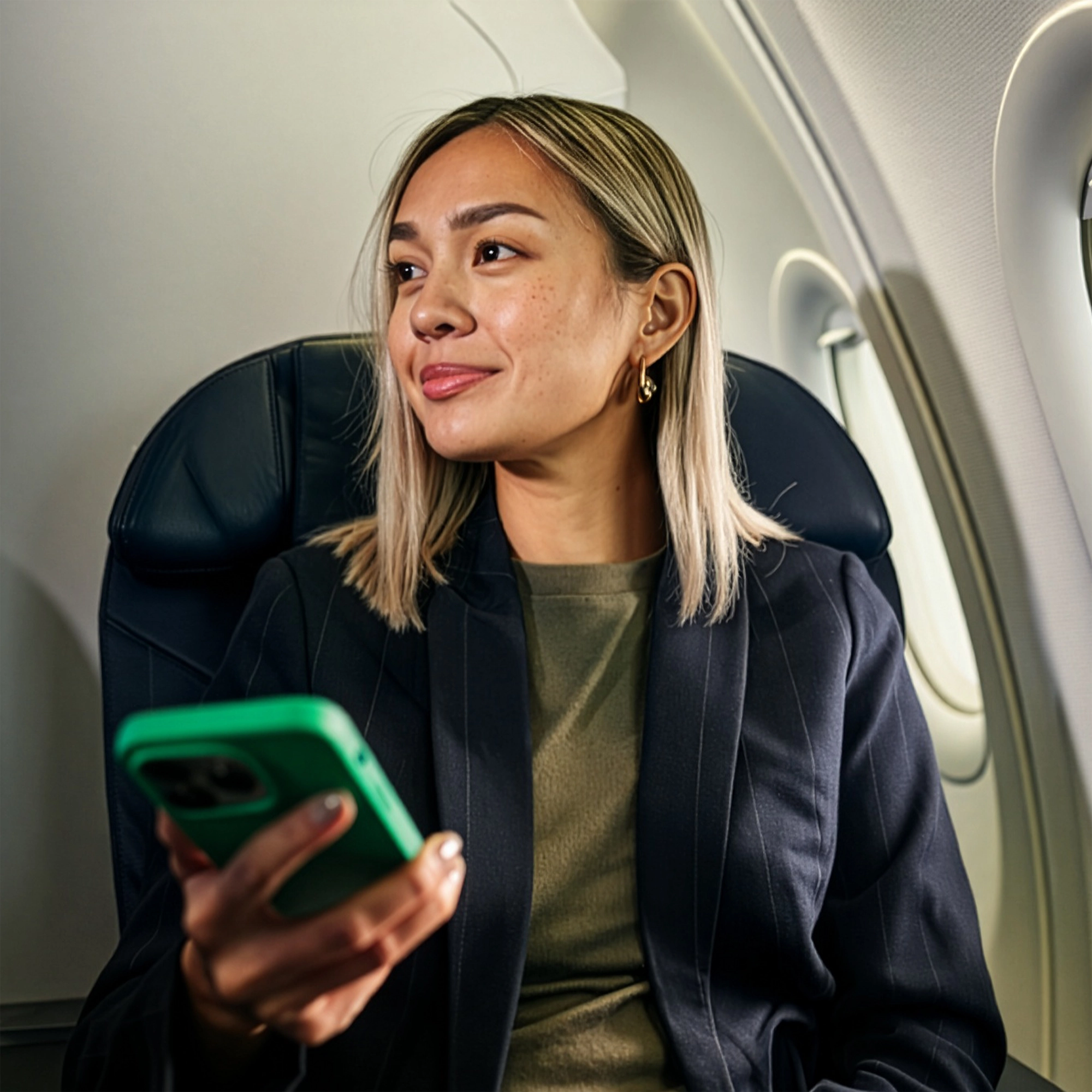 Passenger with blonde hair in navy blazer smiling while holding green phone on airplane, seated in dark blue seat.