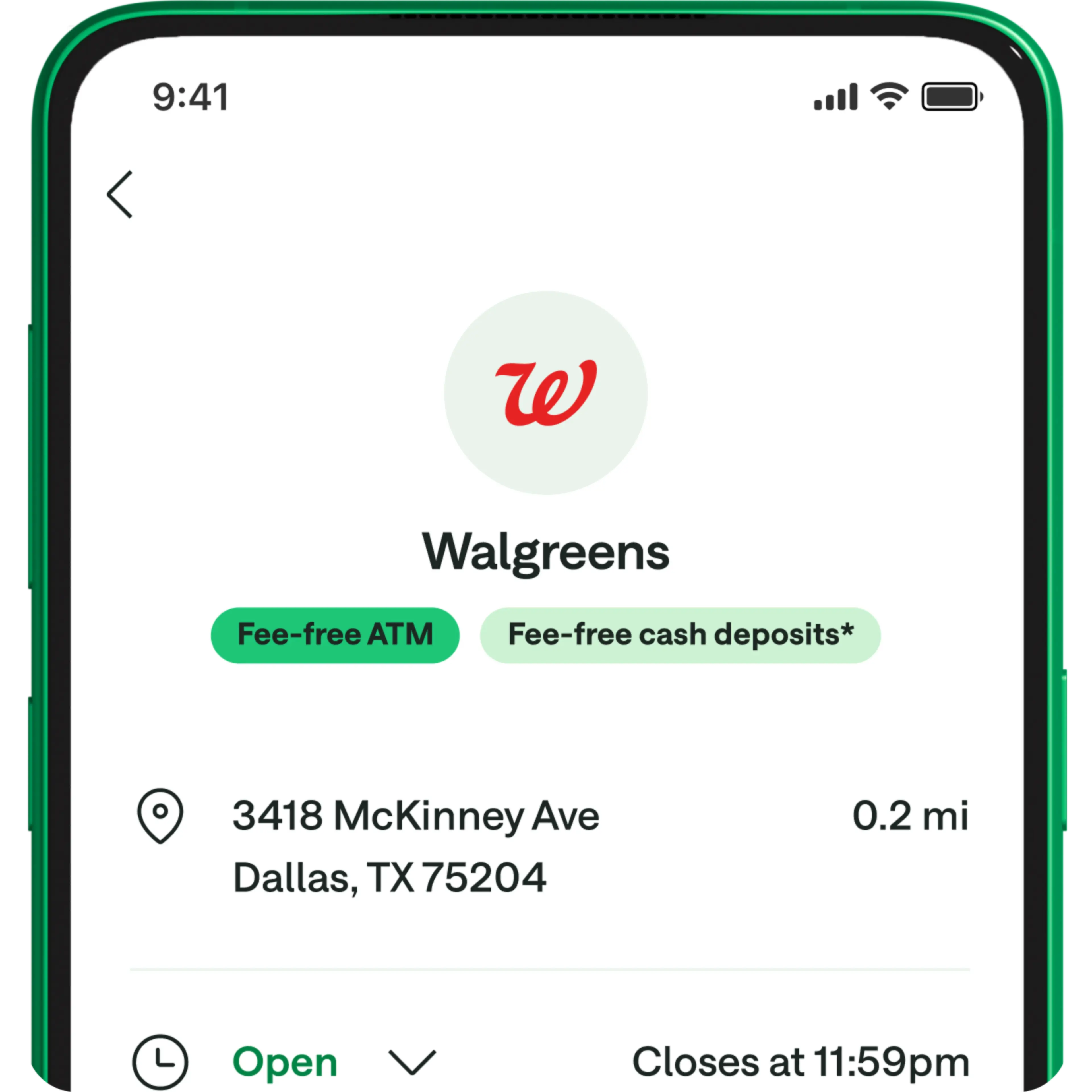 Walgreens ATM information on a Chime app screen.