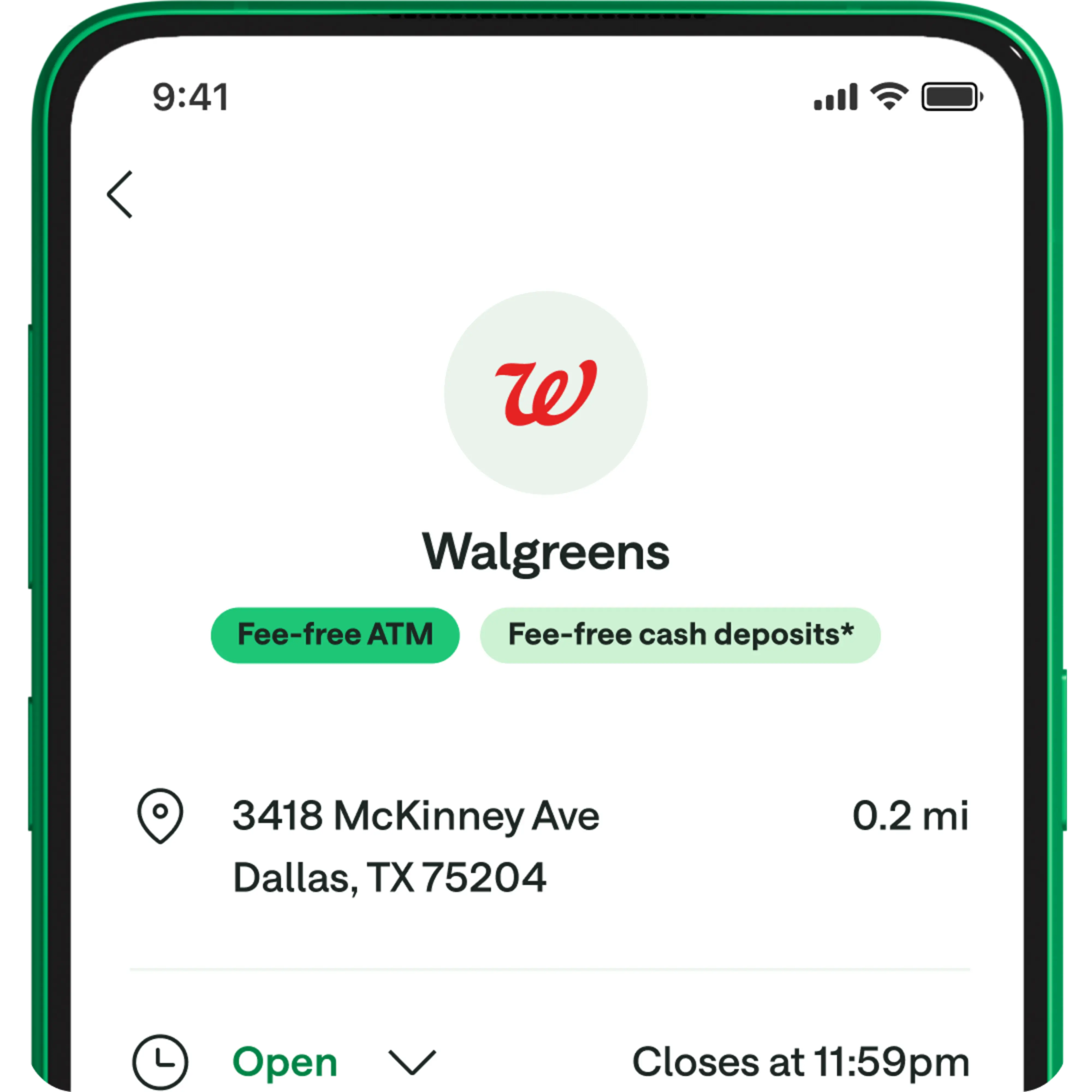 Walgreens ATM information on a Chime app screen.