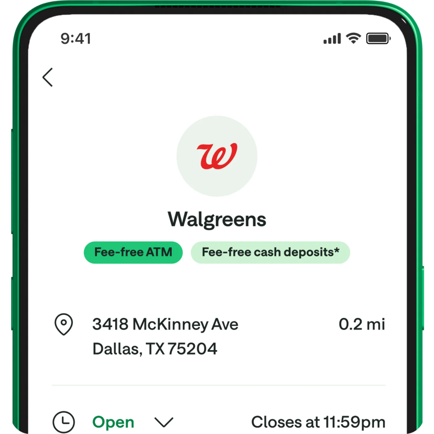 Walgreens ATM information on a Chime app screen.