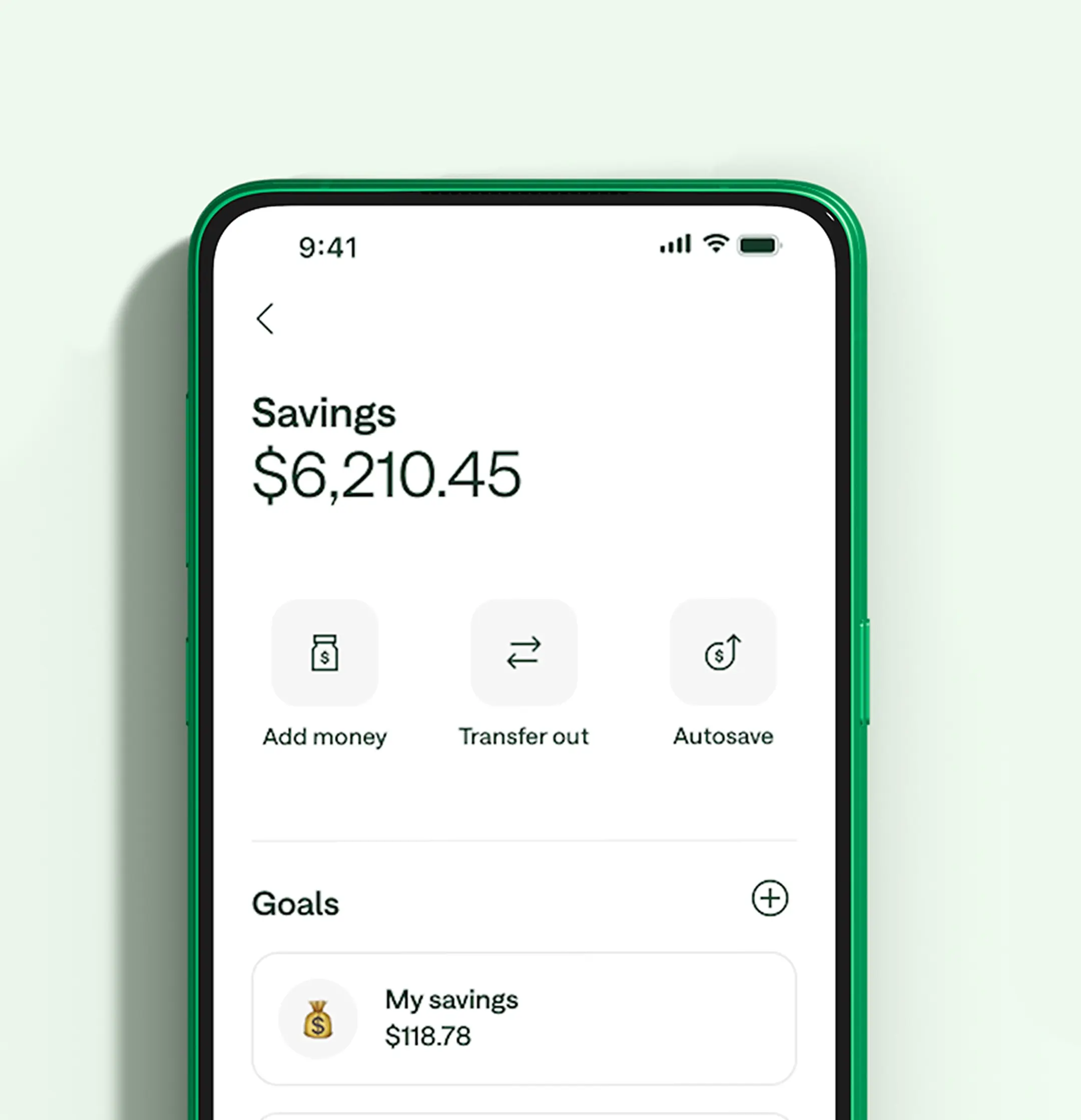Chime app screen showing $6,210.45 savings and benefits like autosave and goals—highlighting how users can grow their savings effortlessly.