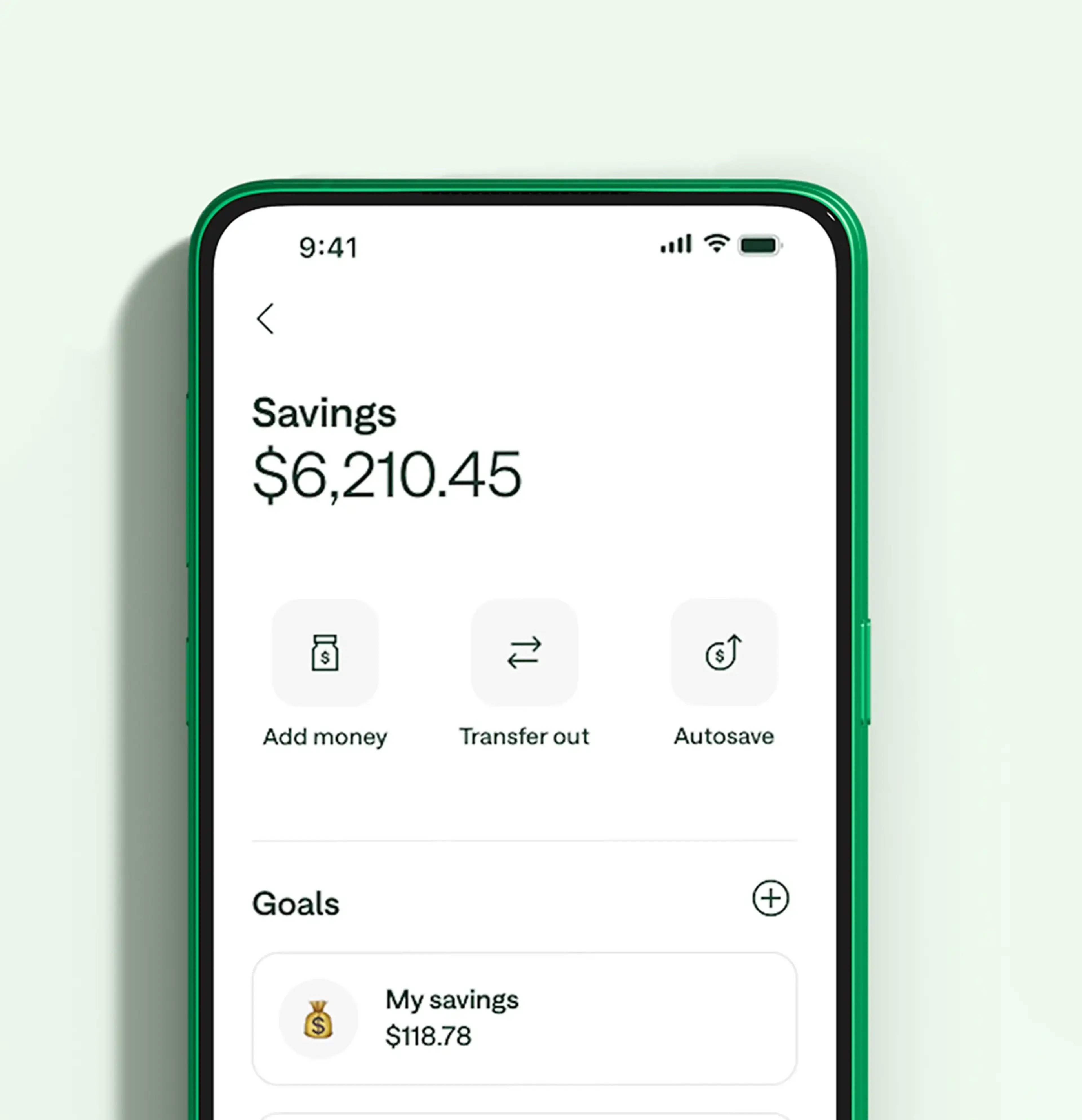 Chime app screen showing $6,210.45 savings and benefits like autosave and goals—highlighting how users can grow their savings effortlessly.