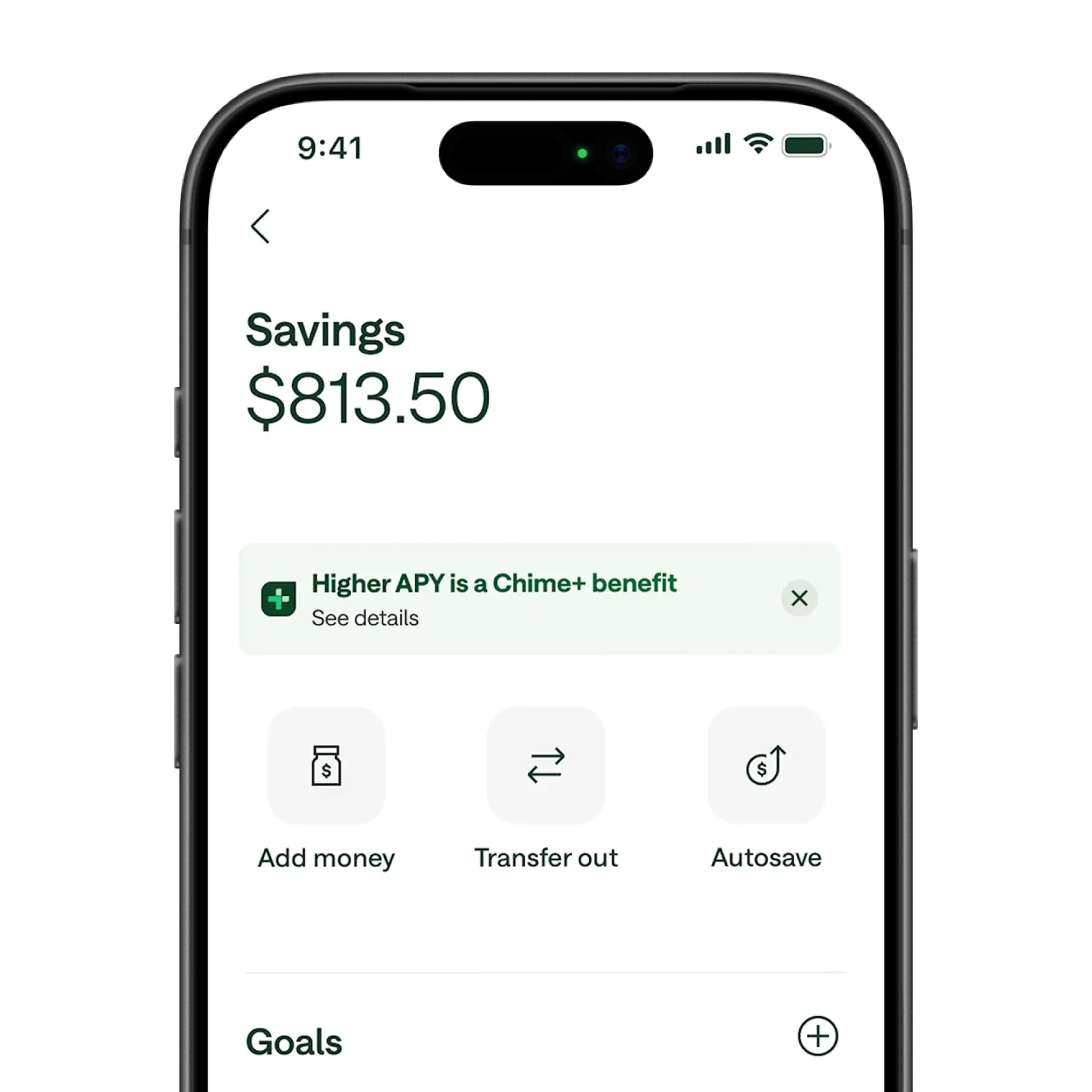 Smartphone screen showing Chime banking app with savings balance of $813.50 and options to add money, transfer, or autosave.