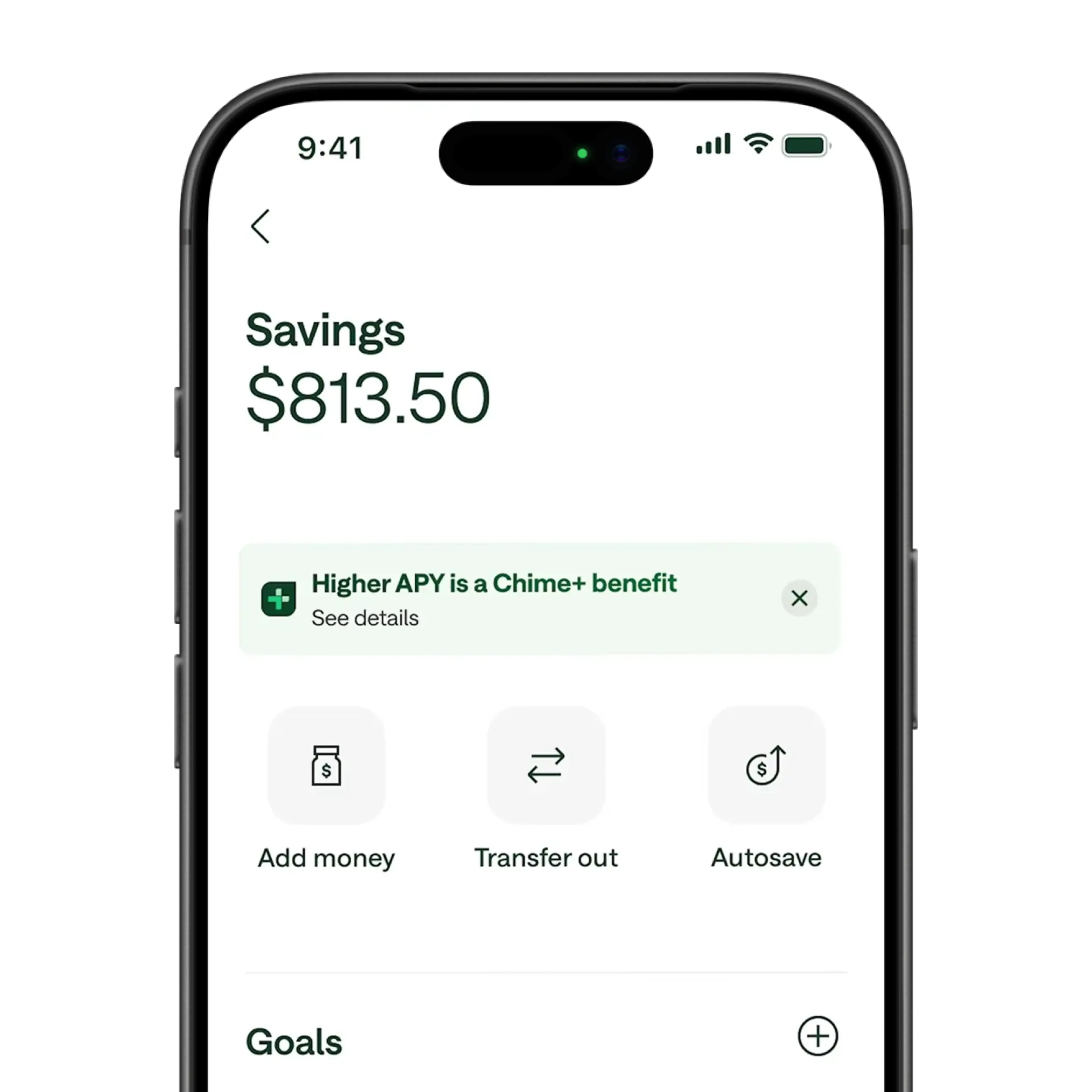 Smartphone screen showing Chime banking app with savings balance of $813.50 and options to add money, transfer, or autosave.