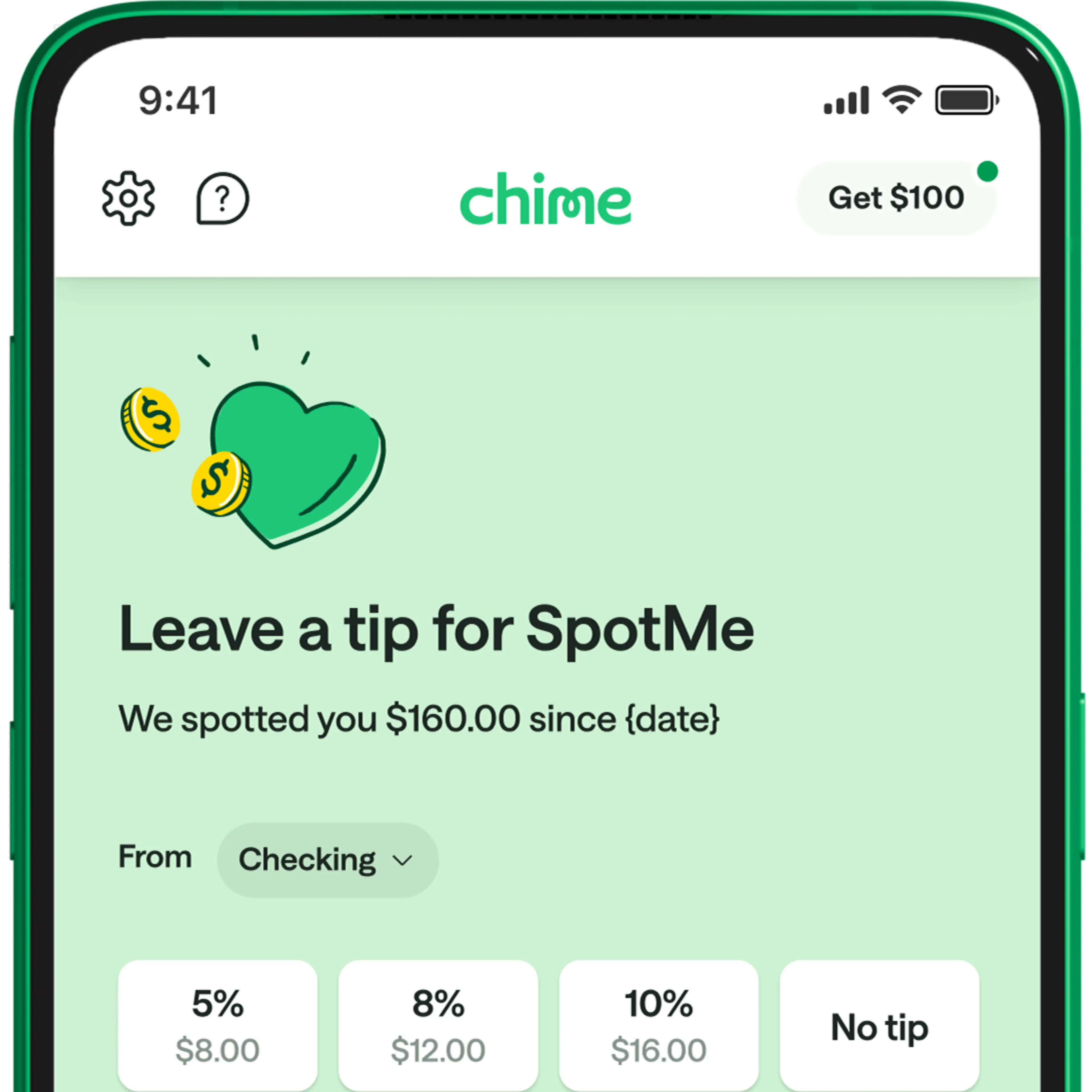 A screen that says "Leave a tip for SpotMe"