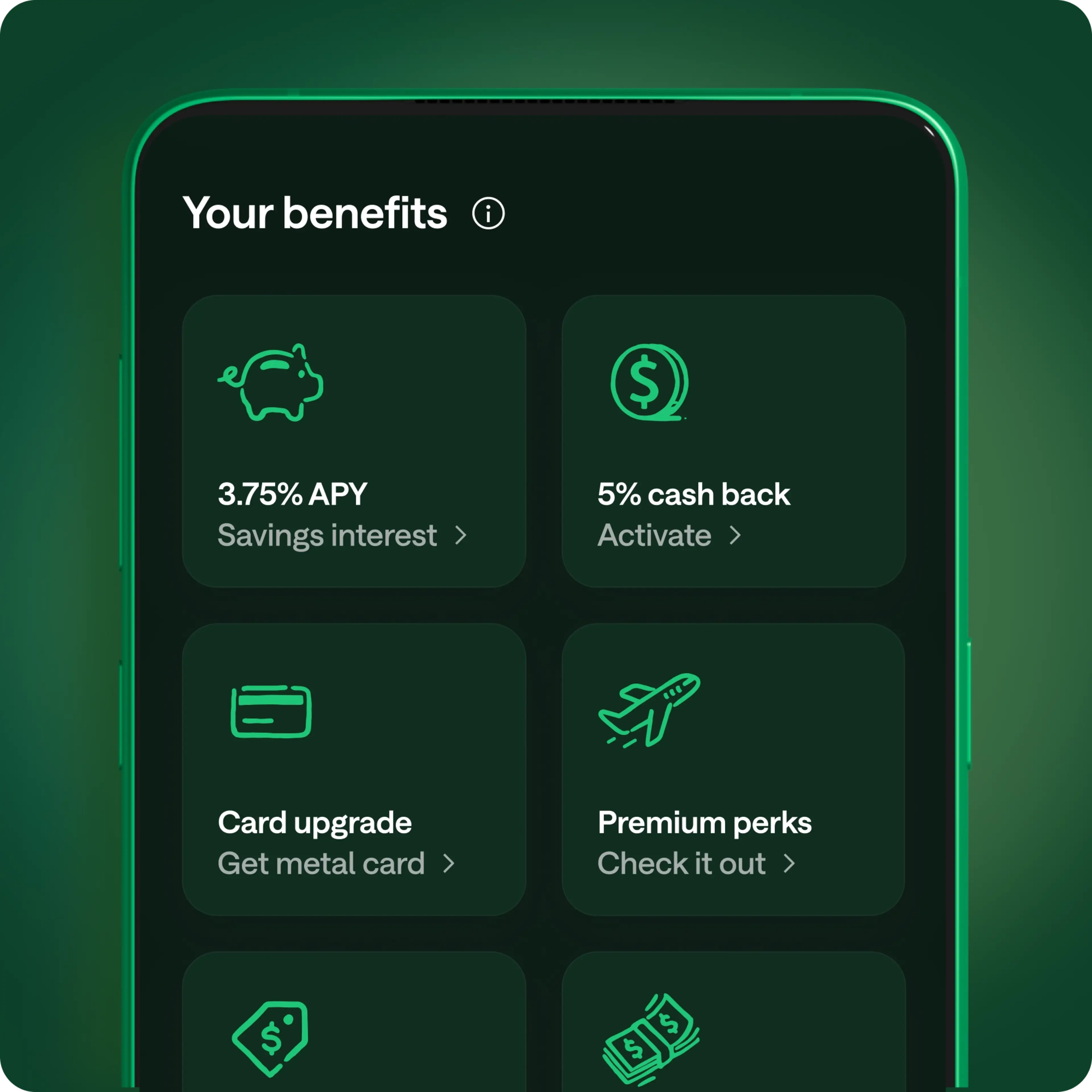 Mobile banking app benefits screen showing 3.75% APY savings, 5% cash back, card upgrade, and premium perks options.