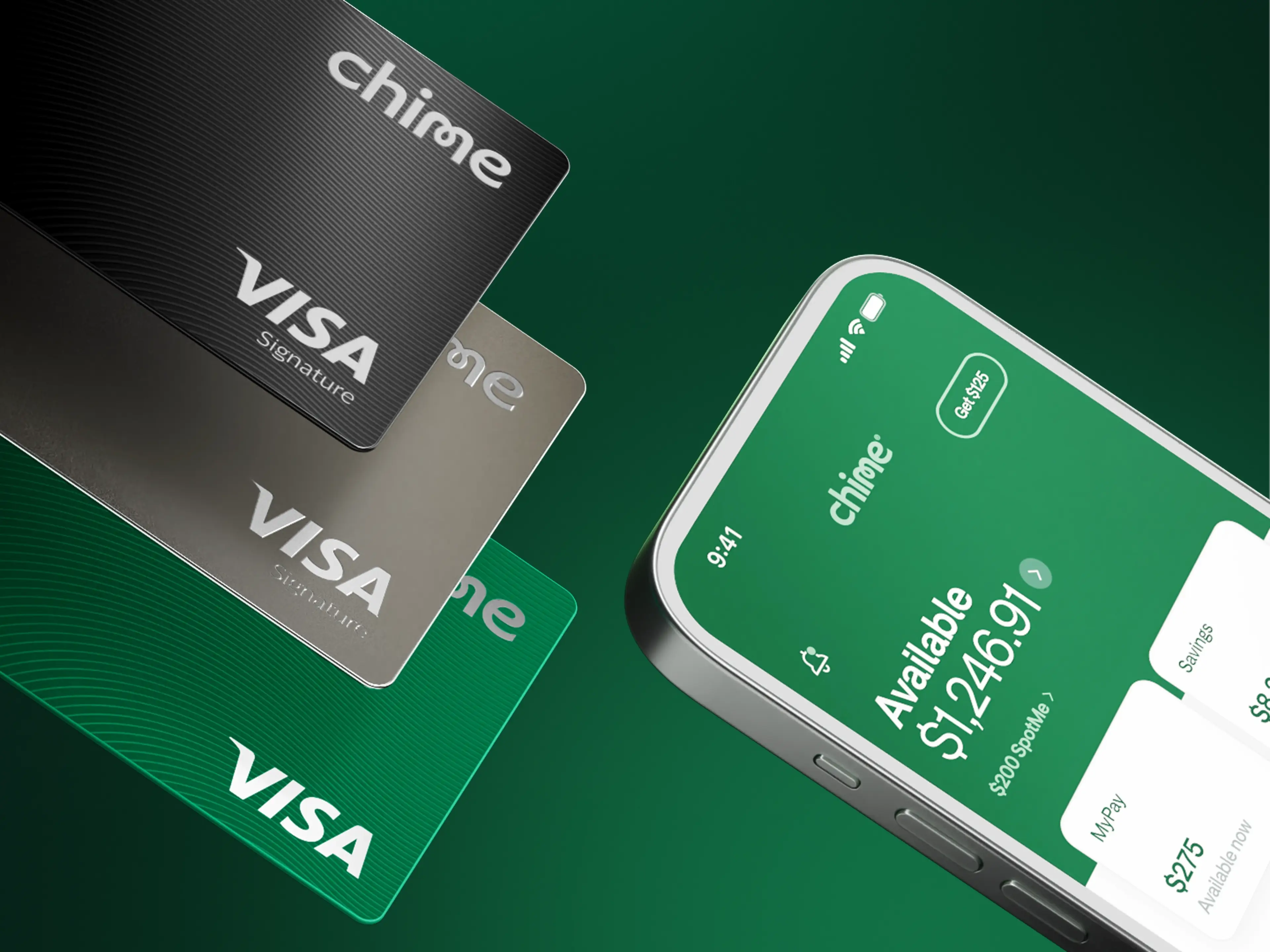 Three Chime Visa credit cards in black, titanium, and green alongside a smartphone displaying the Chime banking app with account balance.