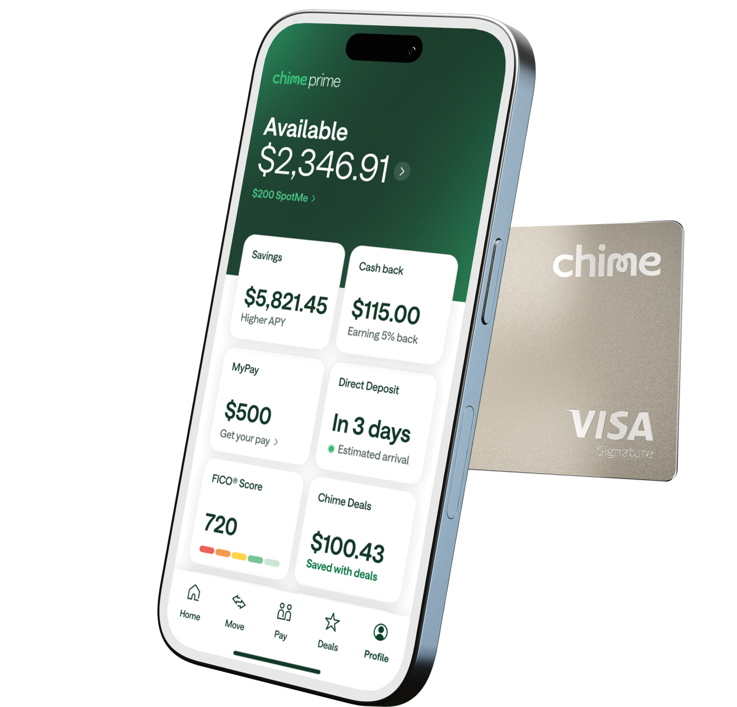 Chime app on smartphone showing account balance and savings, beside a gold Chime Visa card, with 5% text highlighted.