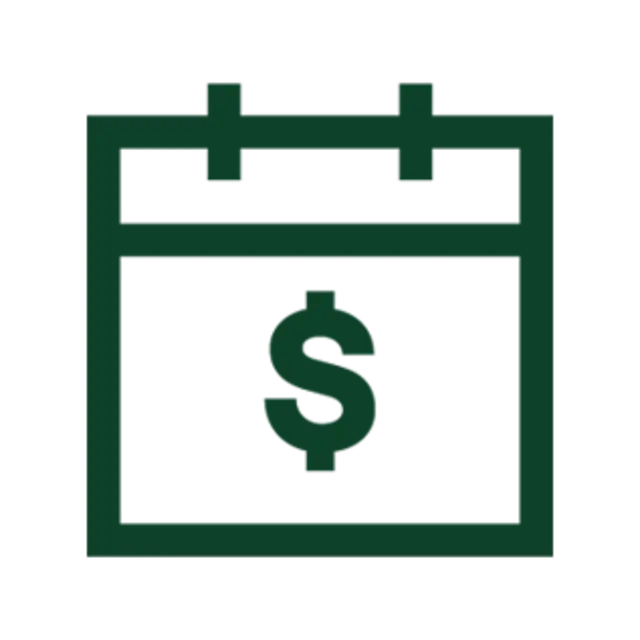 Illustrated icon representing direct deposit, money and a calendar.