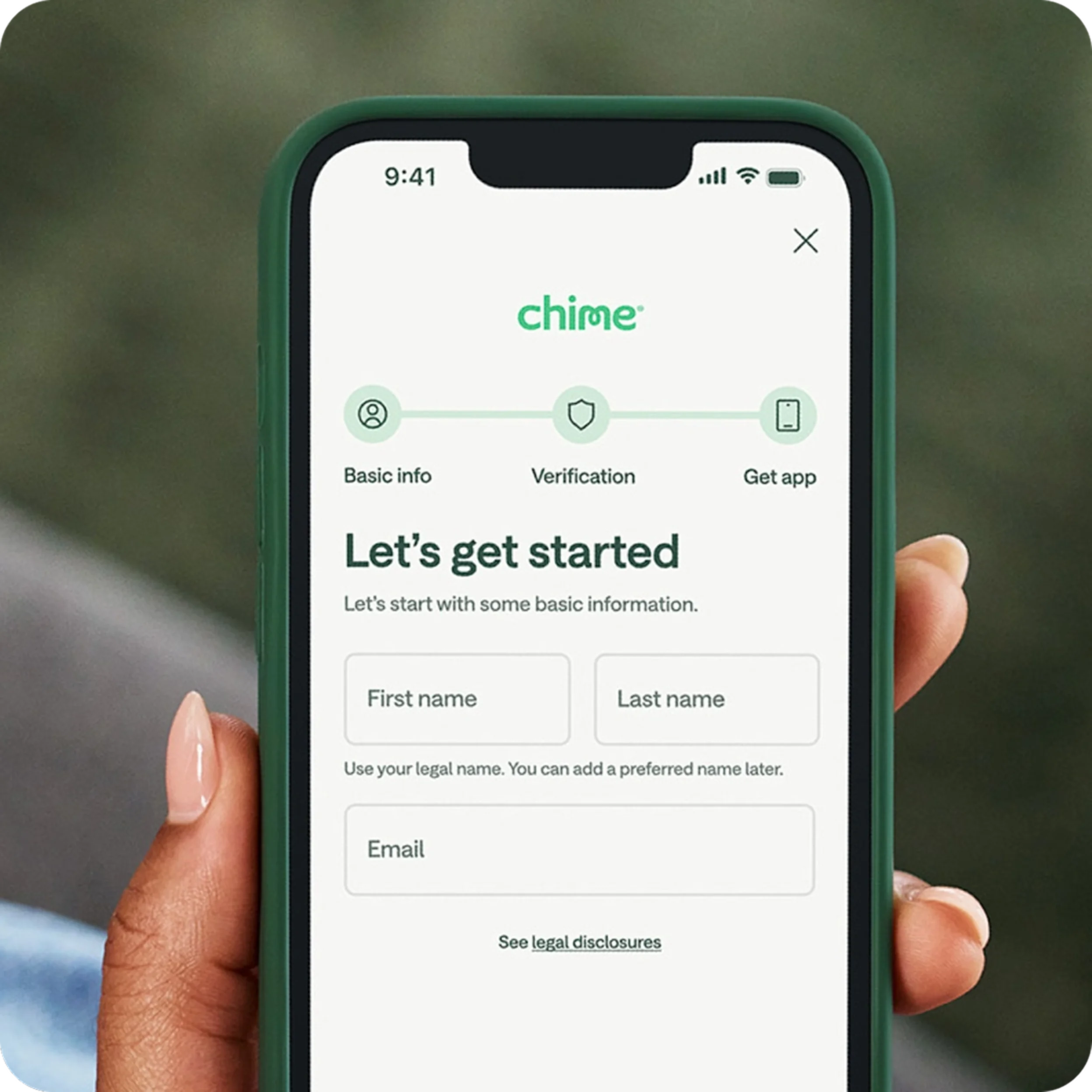 Mobile phone in hand with the Chime enroll flow. 