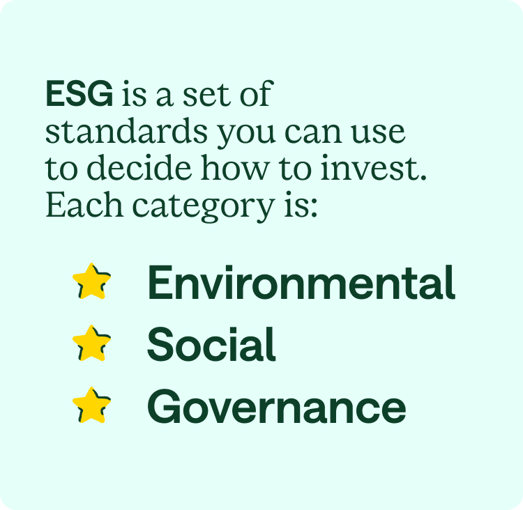 ESG is a set of standards you can use to decide how to invest. Each category is: Environmental, Social, Governance.