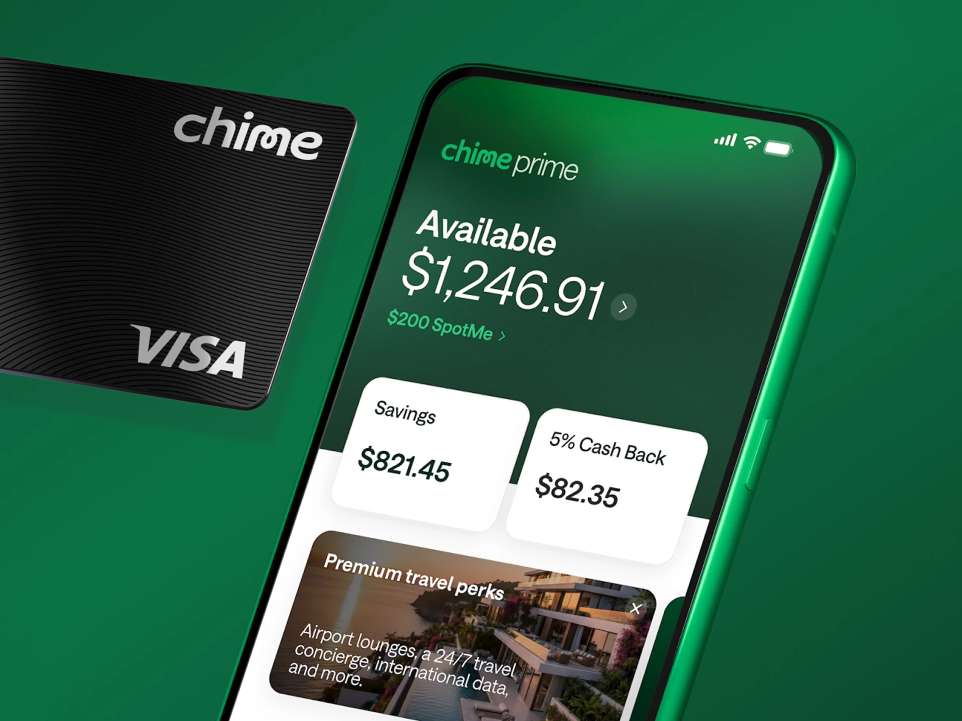 Chime banking app showing Chime Prime tier with account balance of $1,246.91, savings, cash back rewards, and Premium travel perks next to a black Chime Visa card.