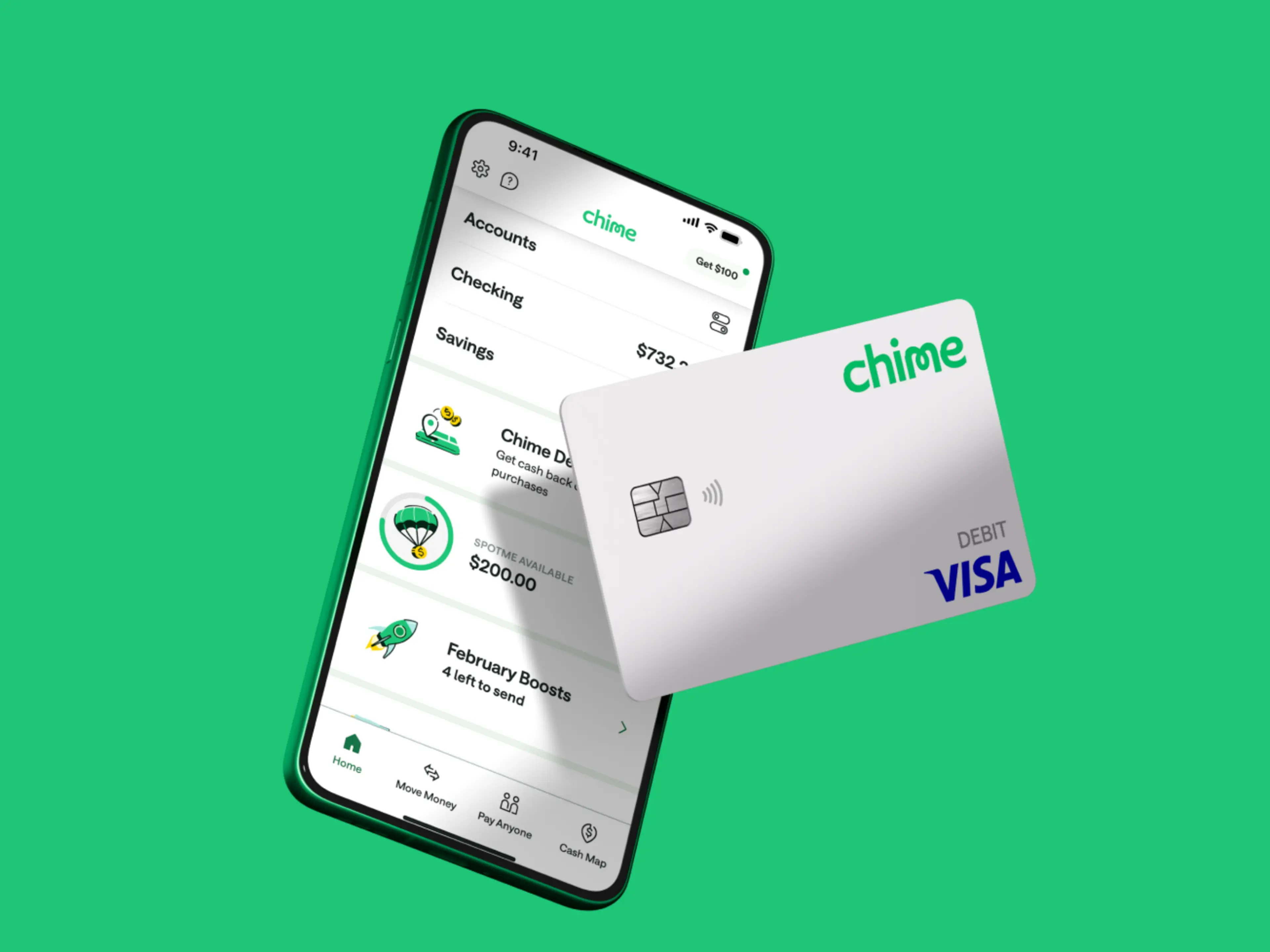 Chime mobile app on a cell phone with white Chime Visa Debit Card in front on bright green background.