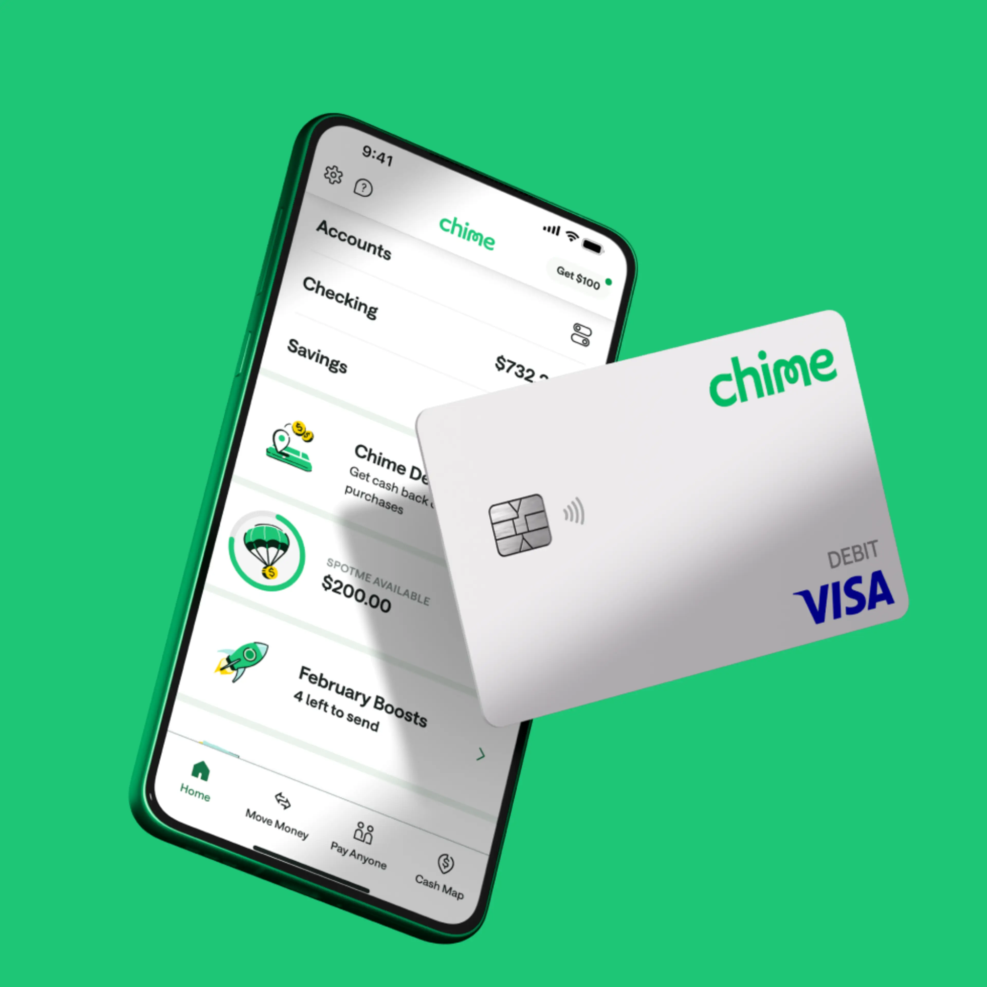 Chime mobile app on a cell phone with white Chime Visa Debit Card in front on bright green background.