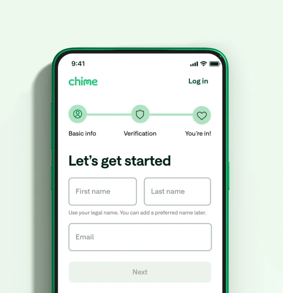 Chime account signup screen showing steps: Basic info, Verification, and You're in.