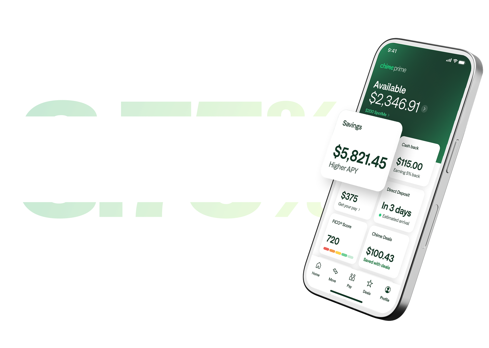 Smartphone displaying the Chime Prime app dashboard showing account balance, savings, FICO score, and cash back details.
