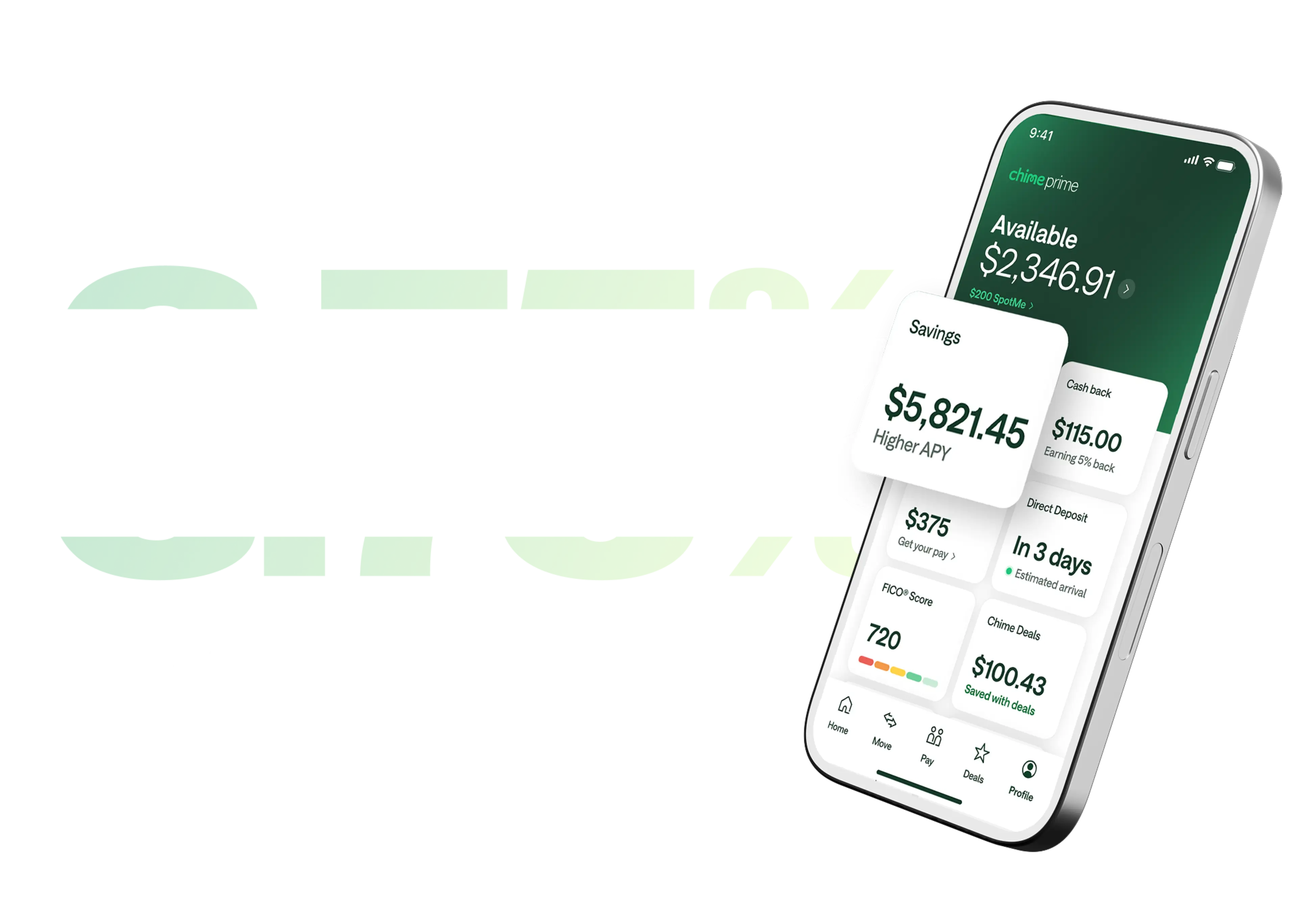 Smartphone displaying the Chime Prime app dashboard showing account balance, savings, FICO score, and cash back details.