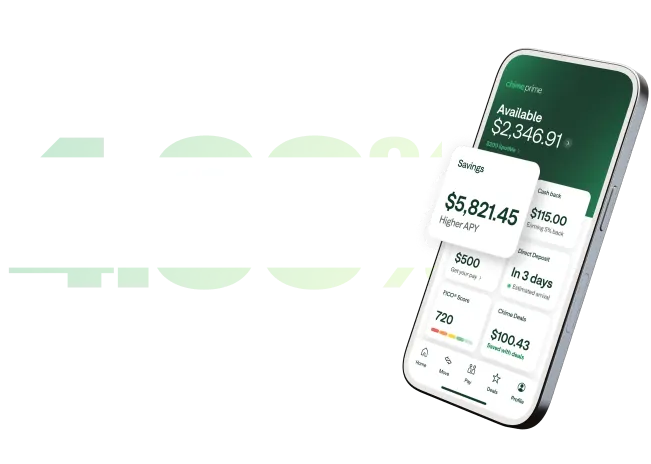Smartphone displaying the Chime Prime app dashboard showing account balance, savings, FICO score, and cash back details.