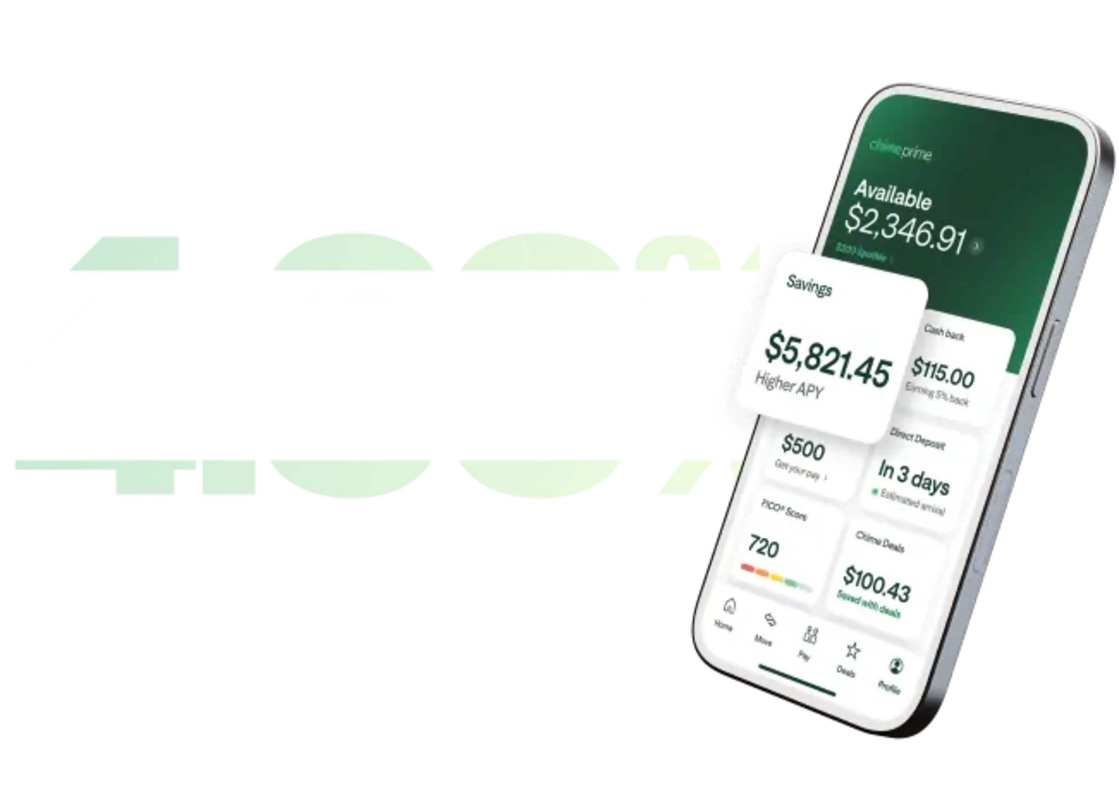 Smartphone displaying the Chime Prime app dashboard showing account balance, savings, FICO score, and cash back details.