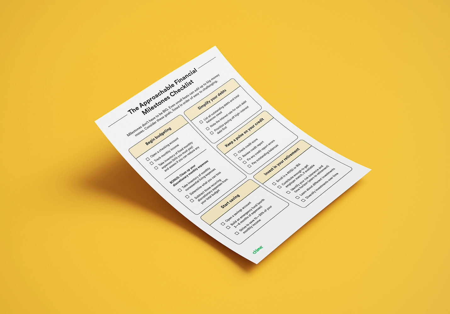 A mockup photo shows a printable Financial Milestones checklist. 
