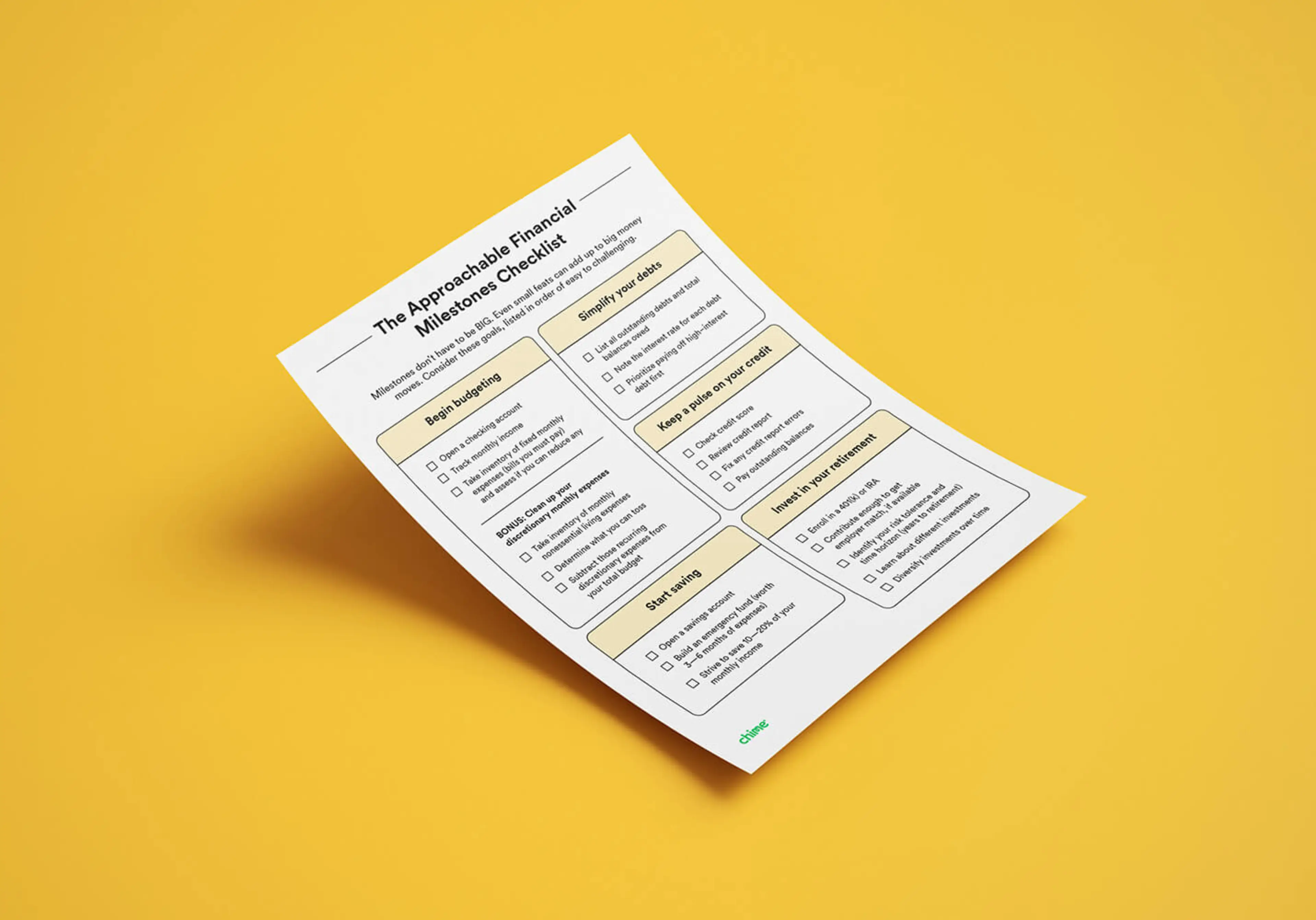 A mockup photo shows a printable Financial Milestones checklist.