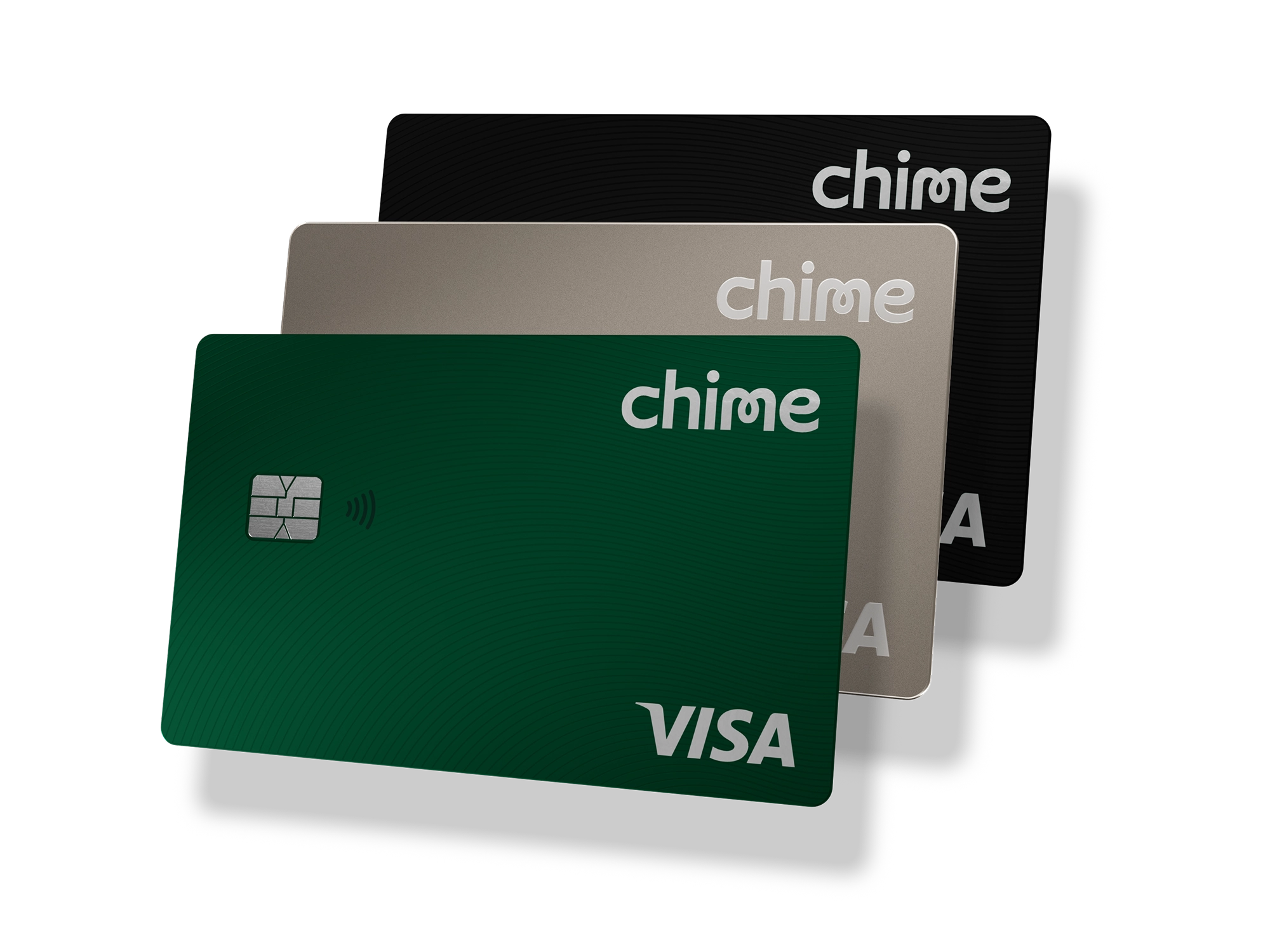 Three Visa Chime Cards stacked on top of each other. Cards are in evergreen, titanium and black colors.