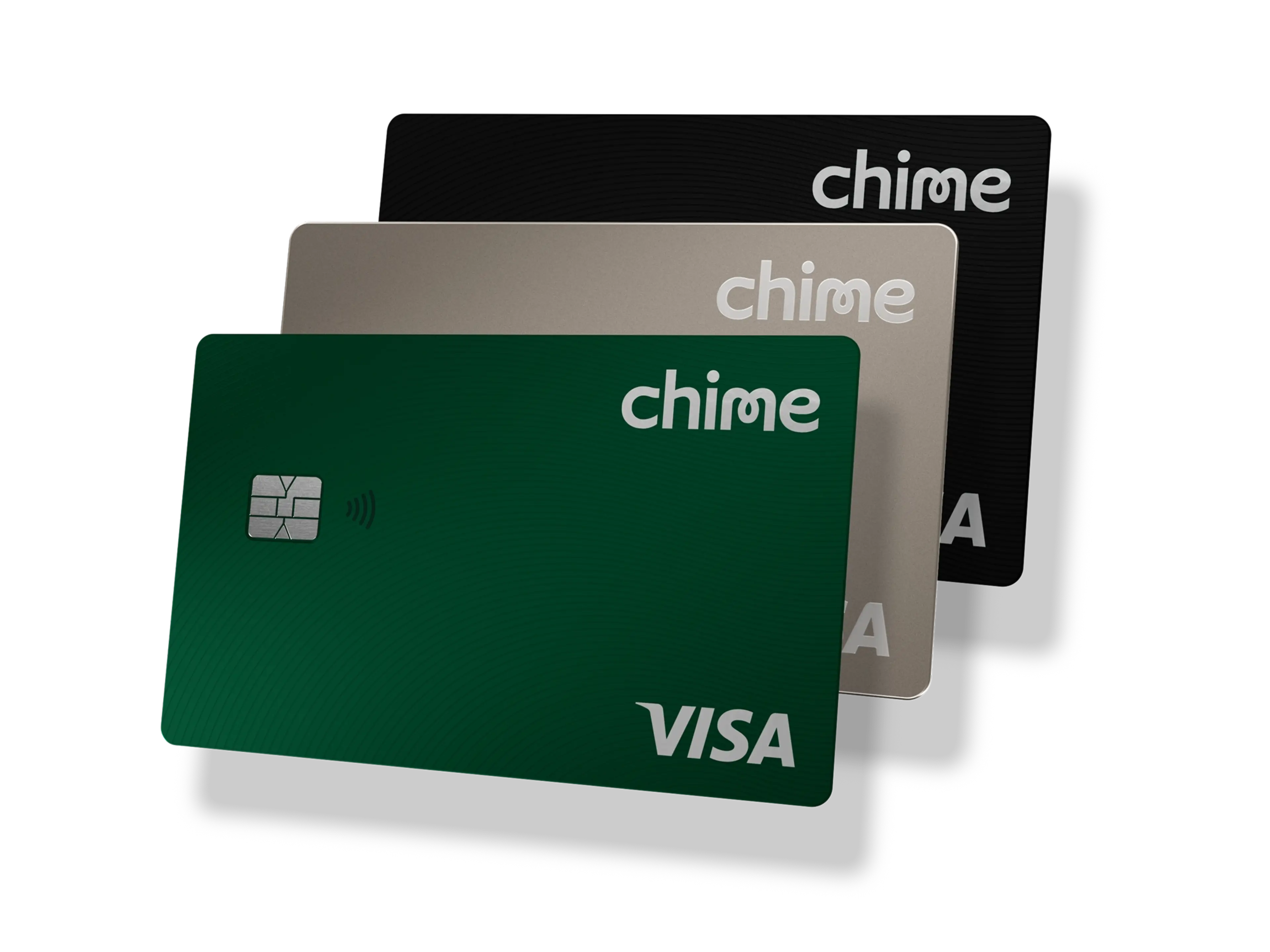 Three Visa Chime Cards stacked on top of each other. Cards are in evergreen, titanium and black colors.