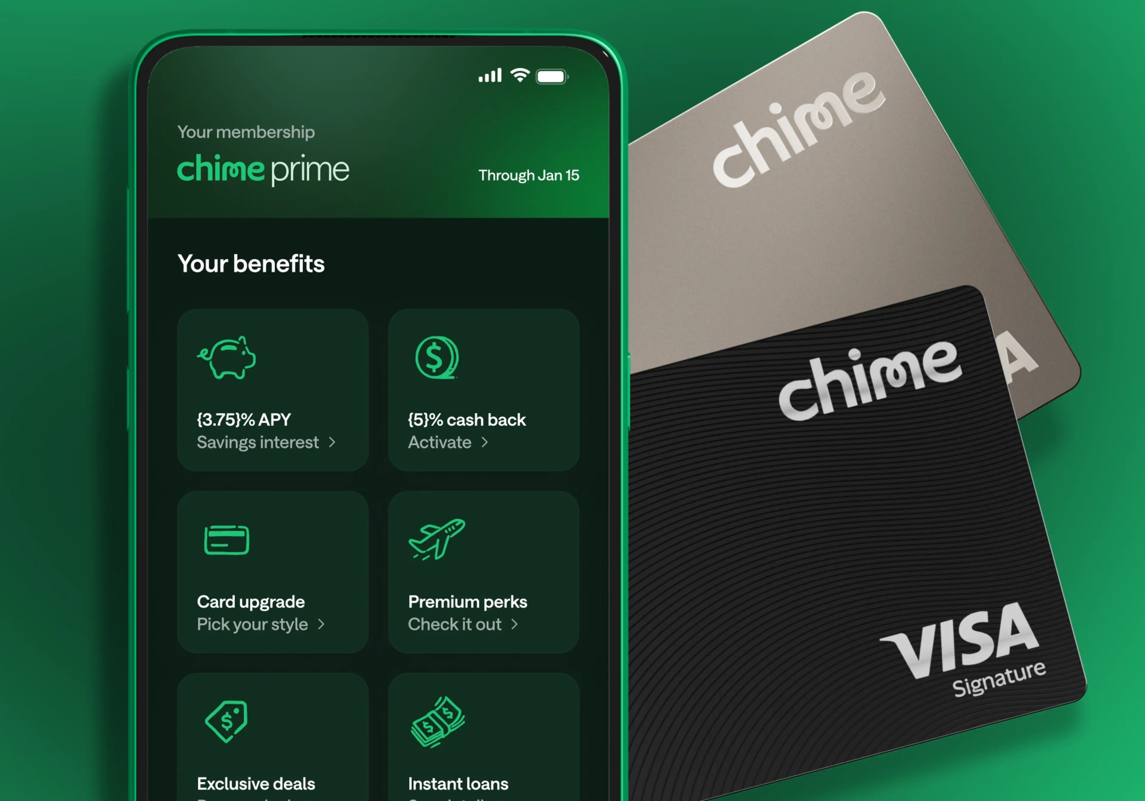 A phone screen showing benefits of Chime Prime, next to two Chime cards.