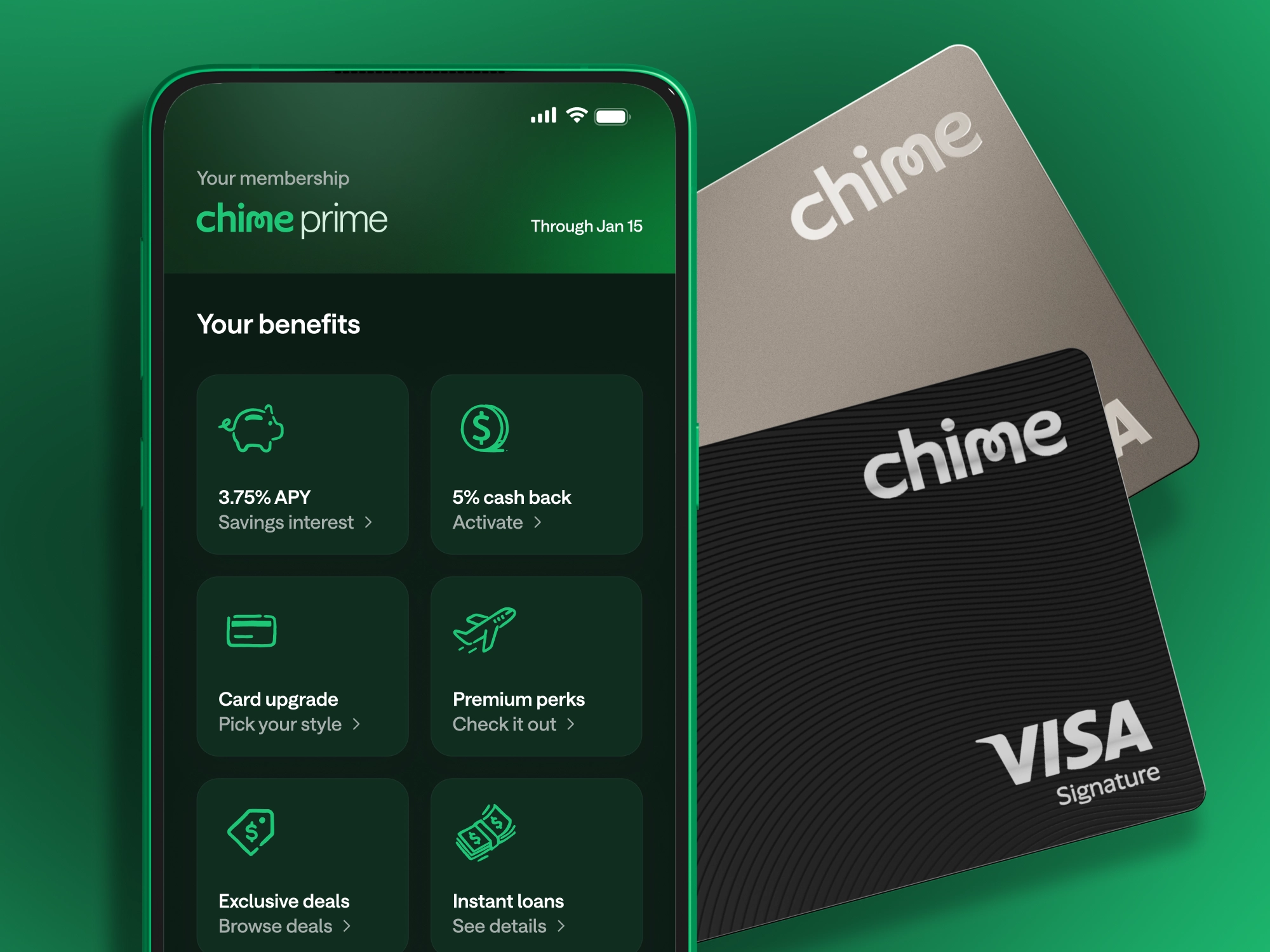 A phone screen showing benefits of Chime Prime, next to two Chime cards.