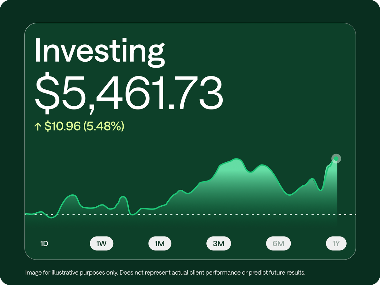 An investing dashboard showing $5,461.73 balance, up $10.96 (5.48%), with a green upward-trending chart over 1 year.