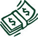 Three green illustrated dollar bills fanned out, depicted with motion lines suggesting movement or being tossed.