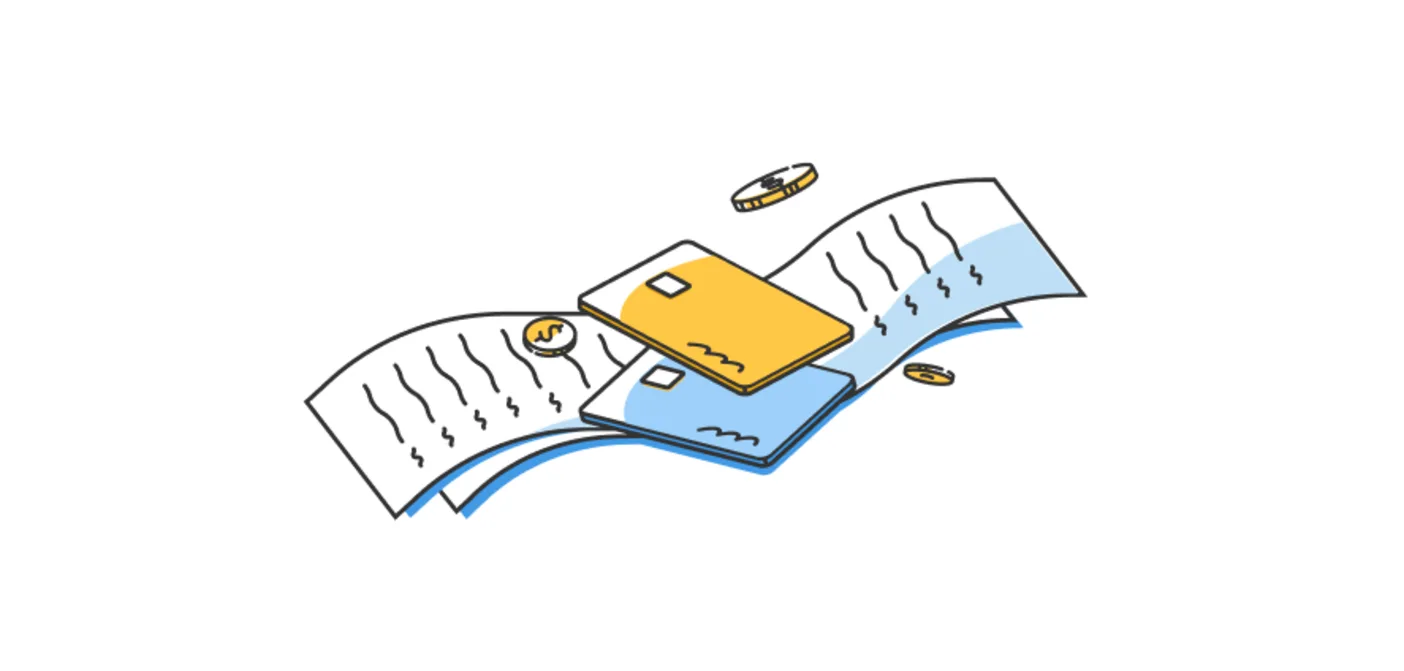 An illustration of cards on top of receipts.