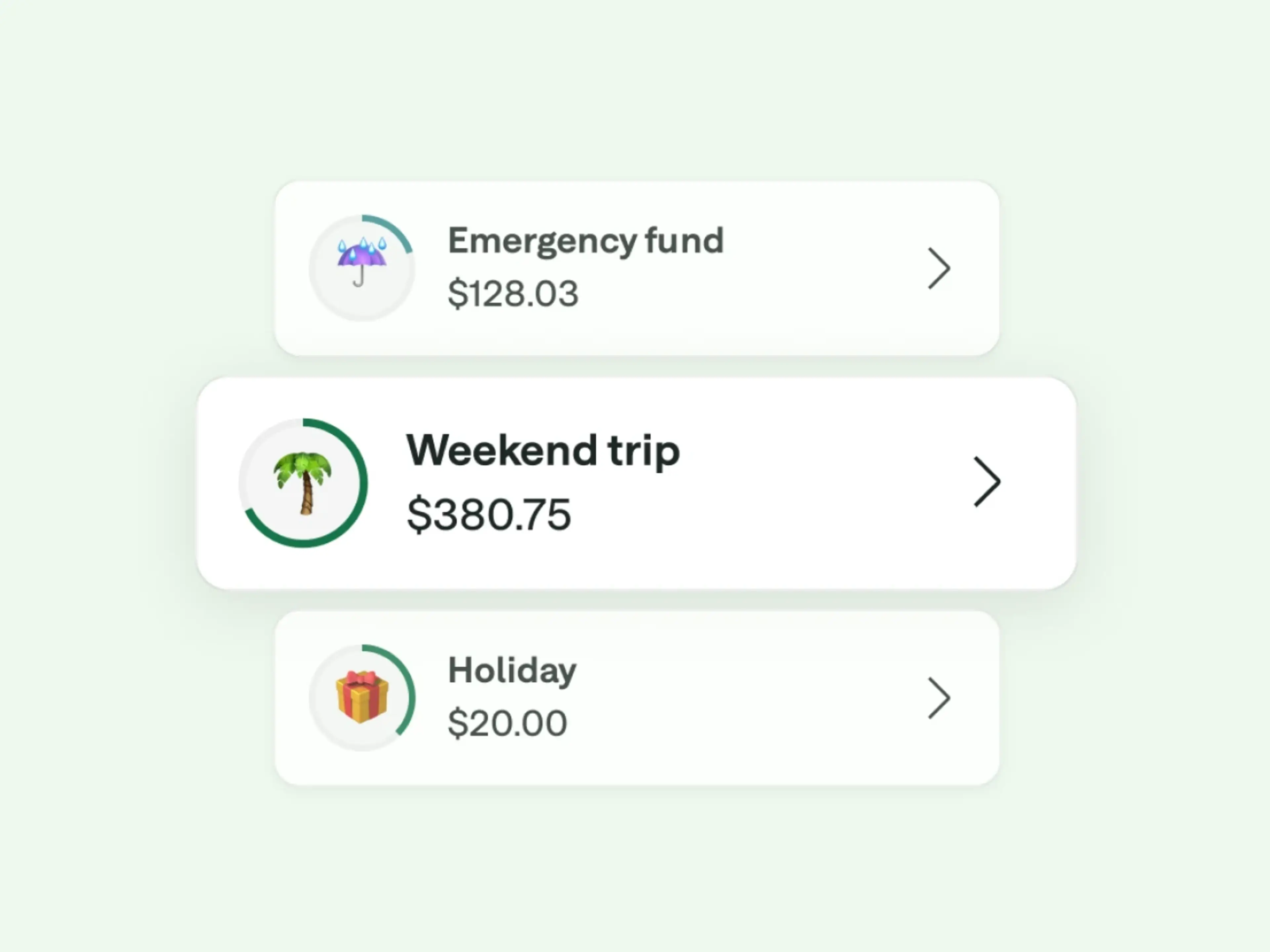 Chime app screen showing savings goals: Emergency fund $128.03, Weekend trip $380.75, and Holiday $20.00.