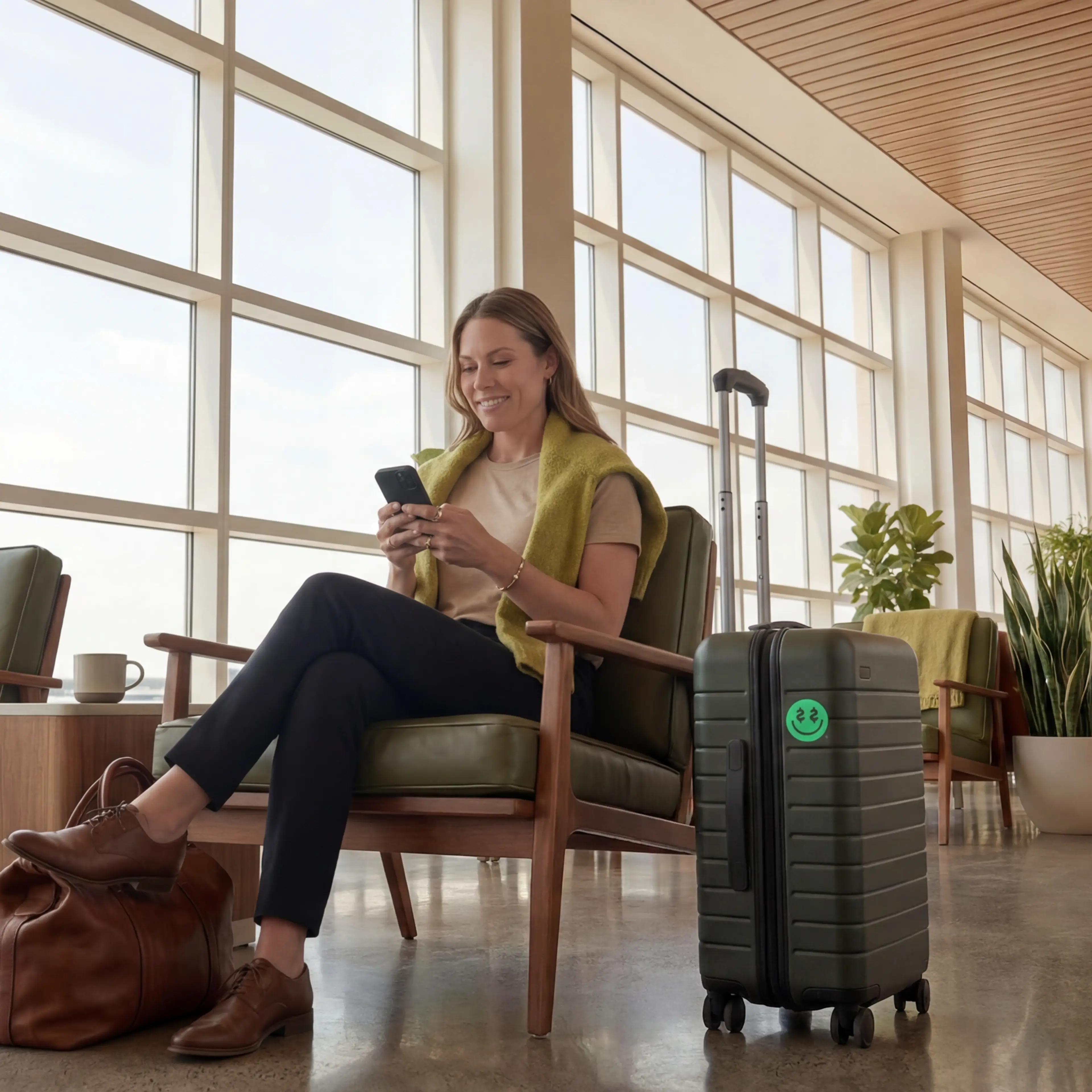 Woman smiling at her phone in an airport lounge, seated beside a dark carry-on suitcase with a green smiley face sticker.