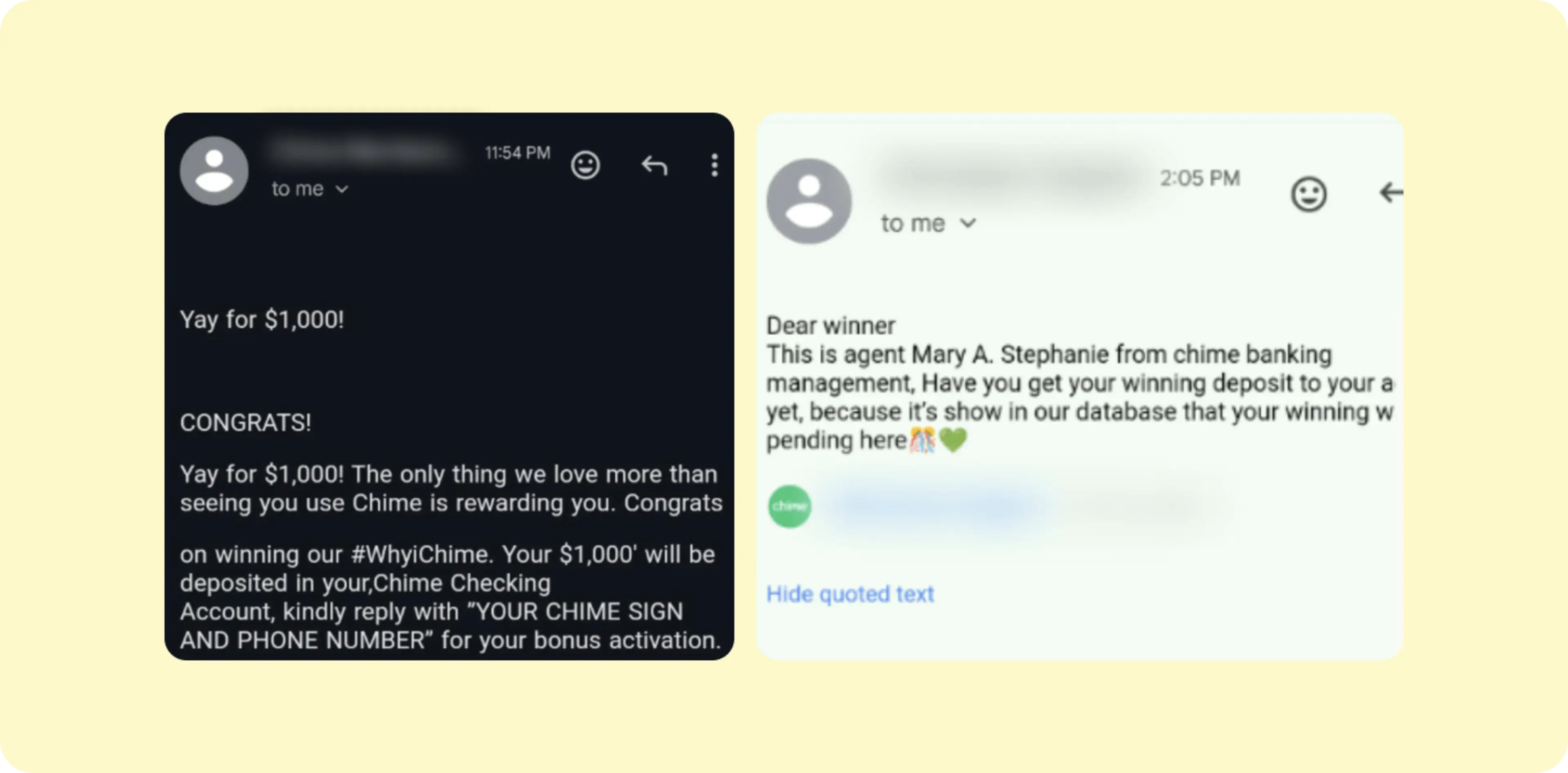 Sweepstakes scammers reach out to Chime members from suspicious display names like “Chimeteam Support”.