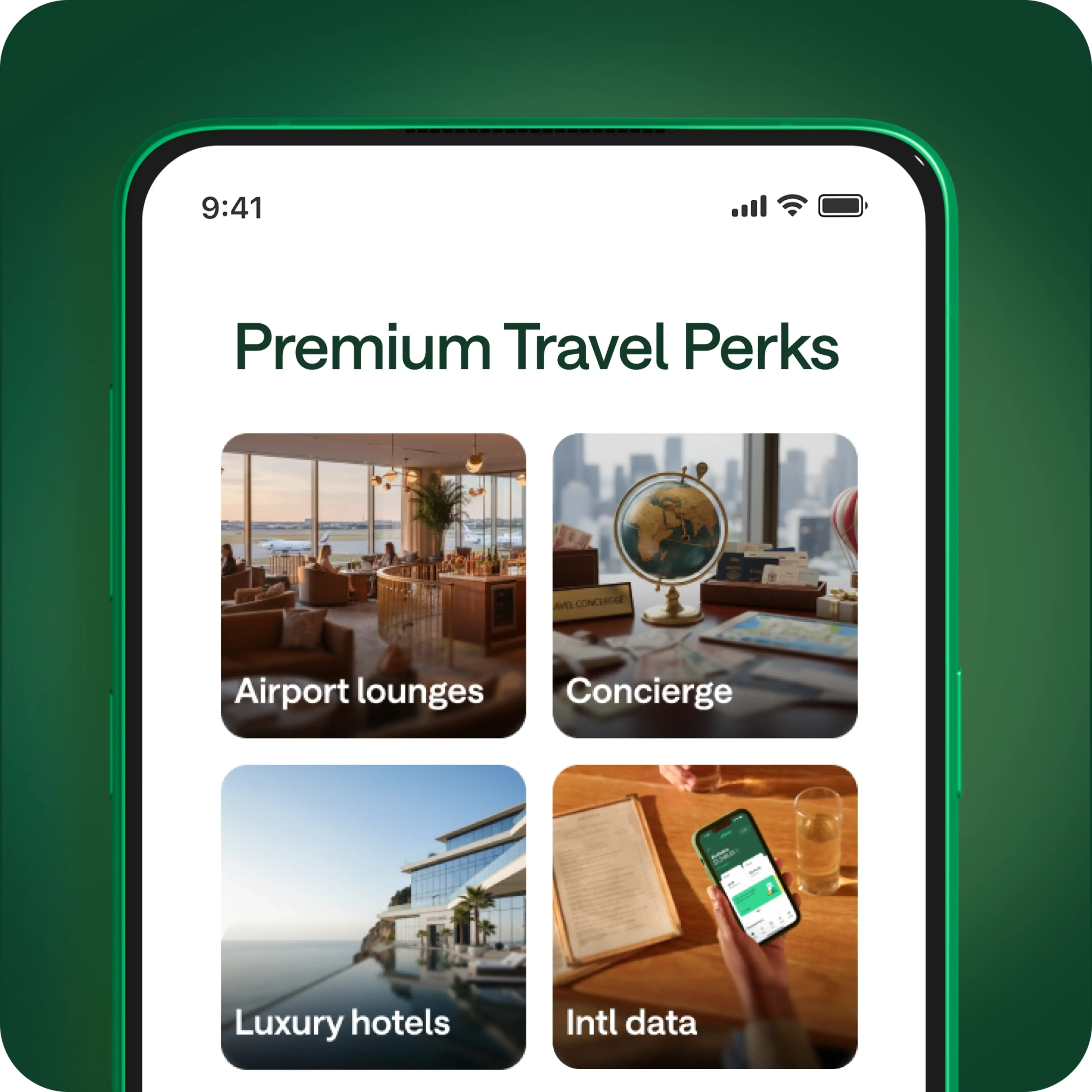 Mobile app screen showing Premium Travel Perks with four options: Airport lounges, Concierge, Luxury hotels, and Int'l data.