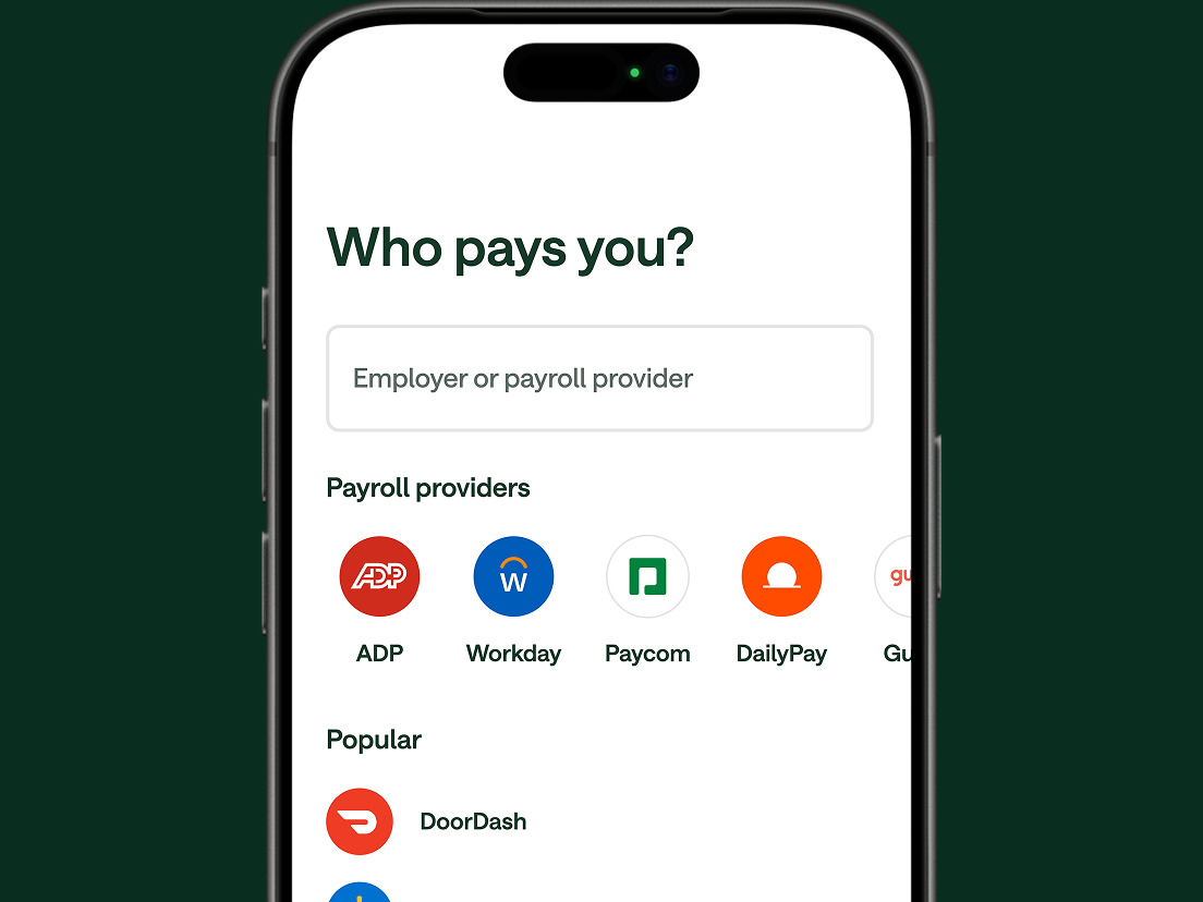 A smartphone screen displaying a "Who pays you?" prompt with payroll provider options including ADP, Workday, Paycom, DailyPay, and DoorDash.