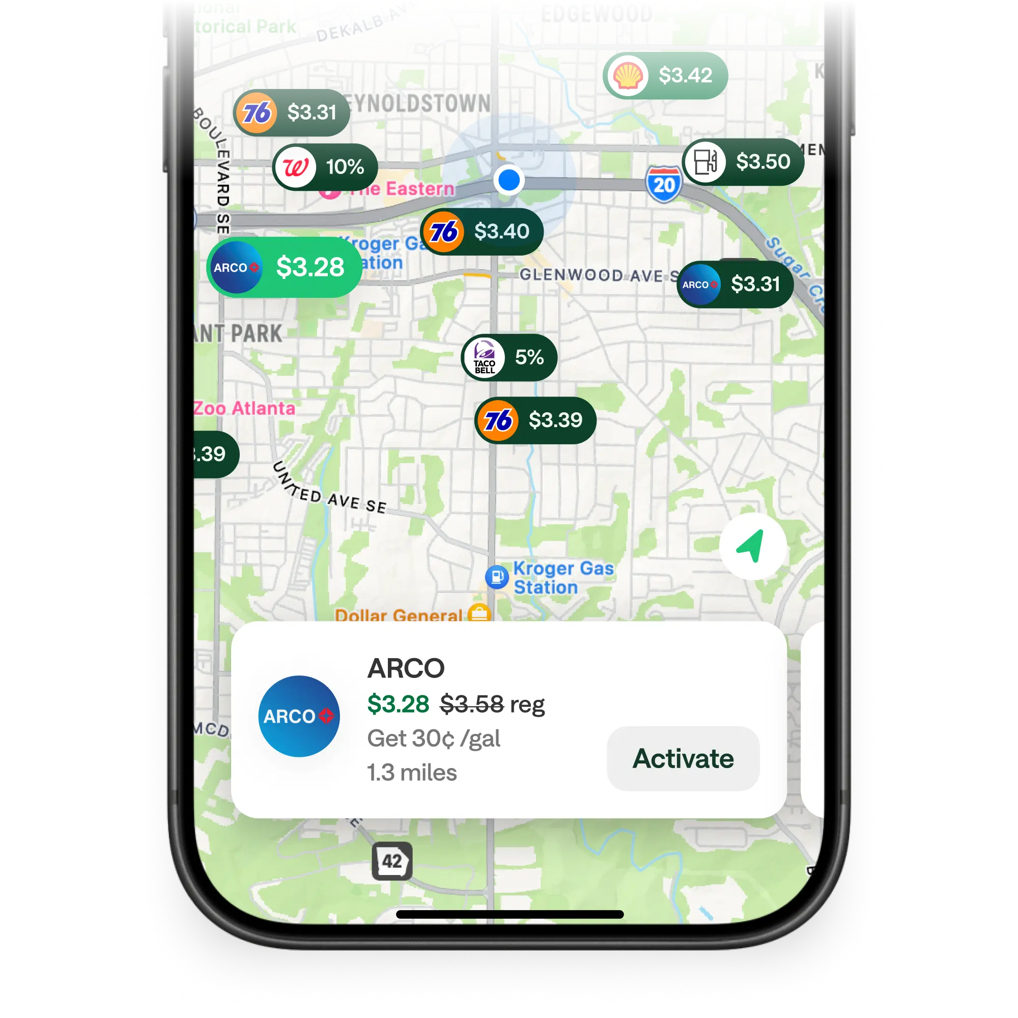 A smartphone displays a map app showing nearby gas prices, with an ARCO station offering $3.28/gal, 30¢ savings, 1.3 miles away.