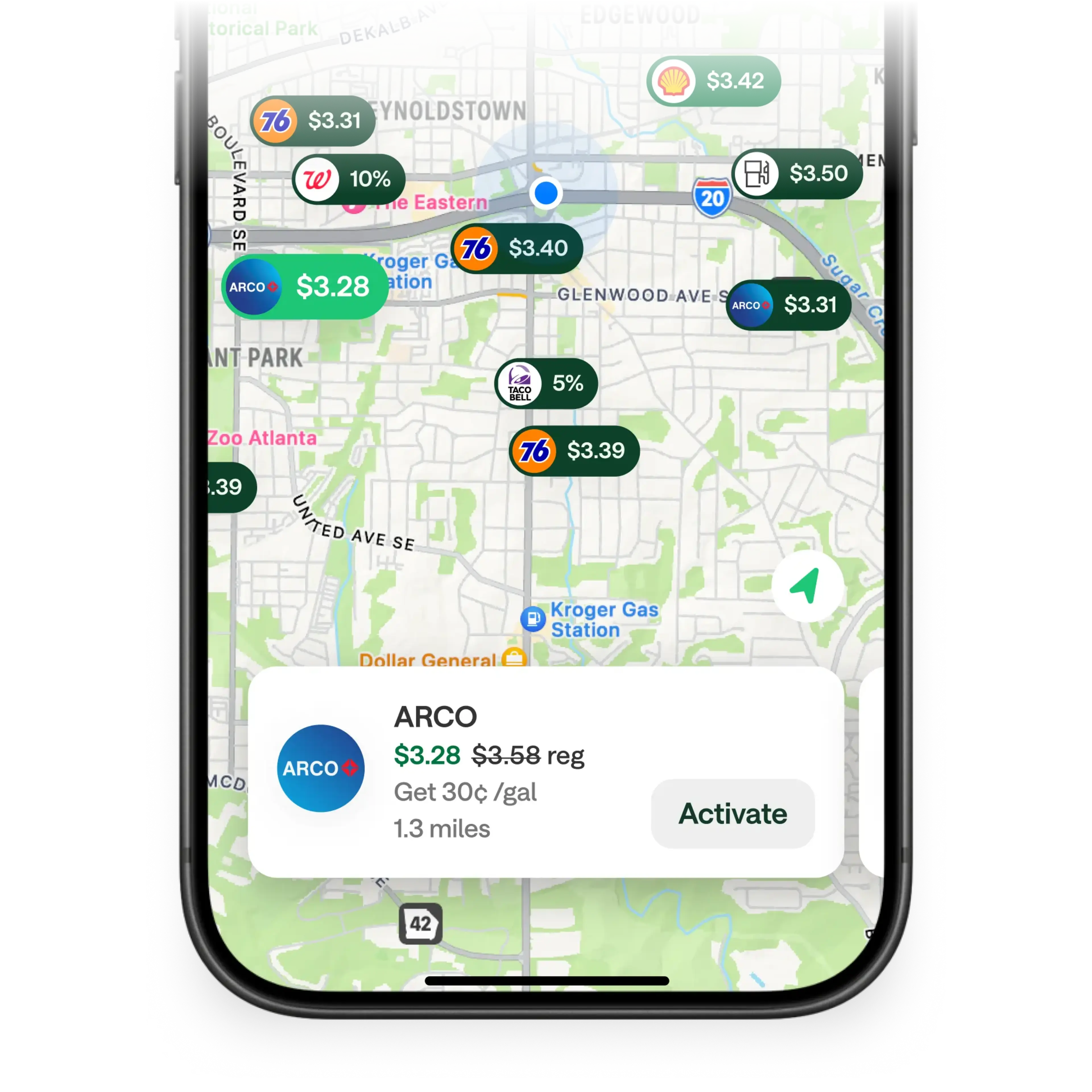A smartphone displays a map app showing nearby gas prices, with an ARCO station offering $3.28/gal, 30¢ savings, 1.3 miles away.