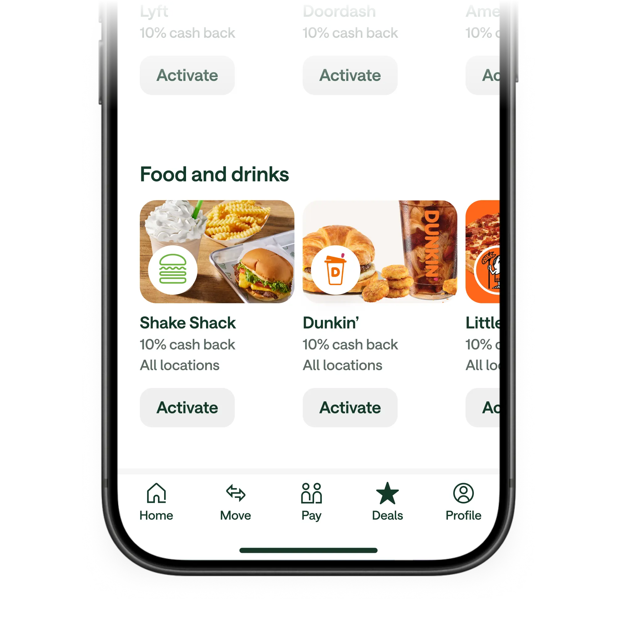 Mobile app screen showing Food and Drinks deals with 10% cash back offers for Shake Shack and Dunkin with Activate buttons.