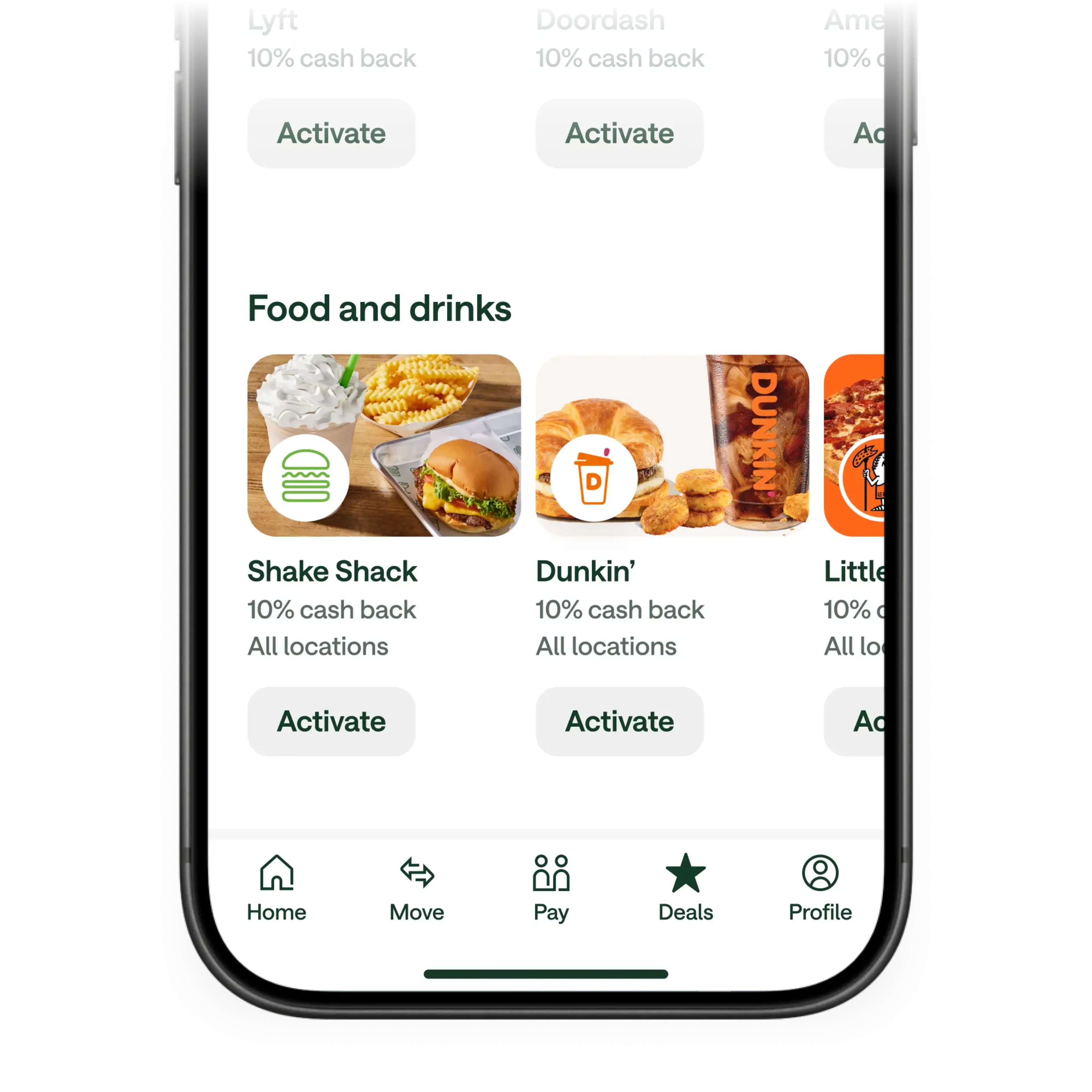 Mobile app screen showing Food and Drinks deals with 10% cash back offers for Shake Shack and Dunkin with Activate buttons.