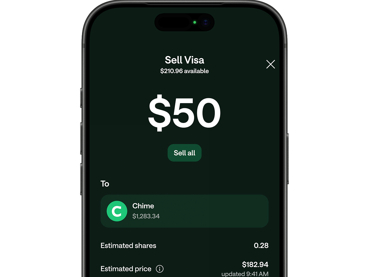 A smartphone displays a dark-themed investing app showing a "Sell Visa" screen with $50 entered and Chime as the destination account.
