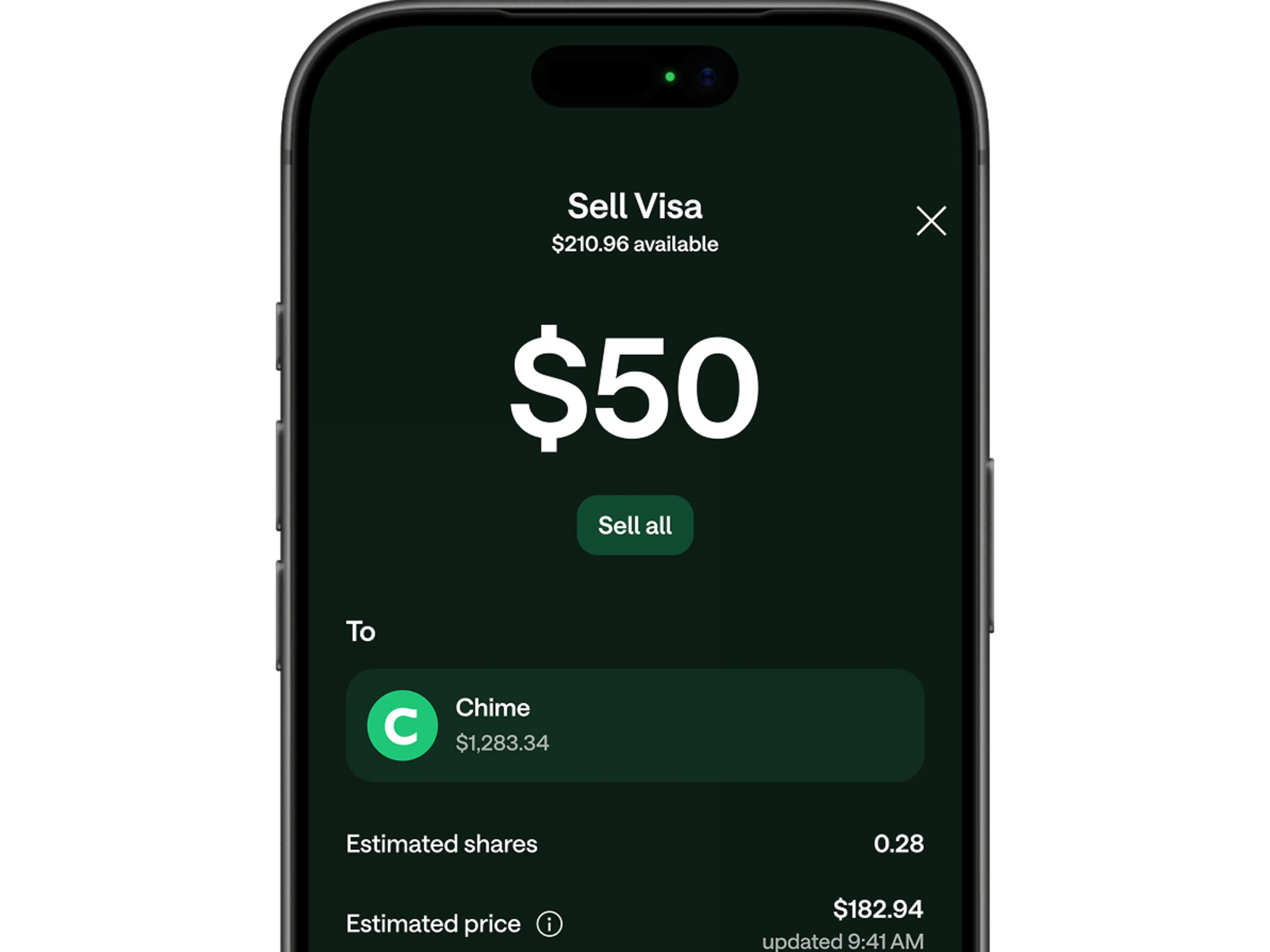 A smartphone displays a dark-themed investing app showing a "Sell Visa" screen with $50 entered and Chime as the destination account.