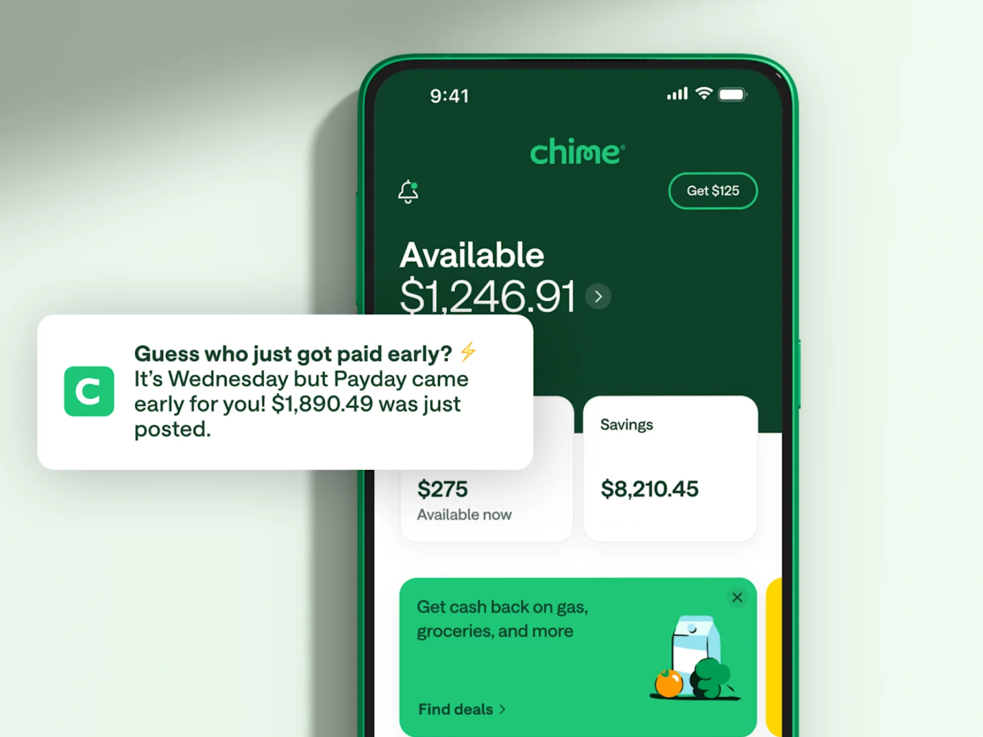 homepage get paid early media copy, cartoon girl with purple pants and yellow boots sitting on couch looking out green window. push notification / notification overlay , Guess who just got paid early? It's Wednesday but Payday came early for you! $1,890.49 was just posted.
