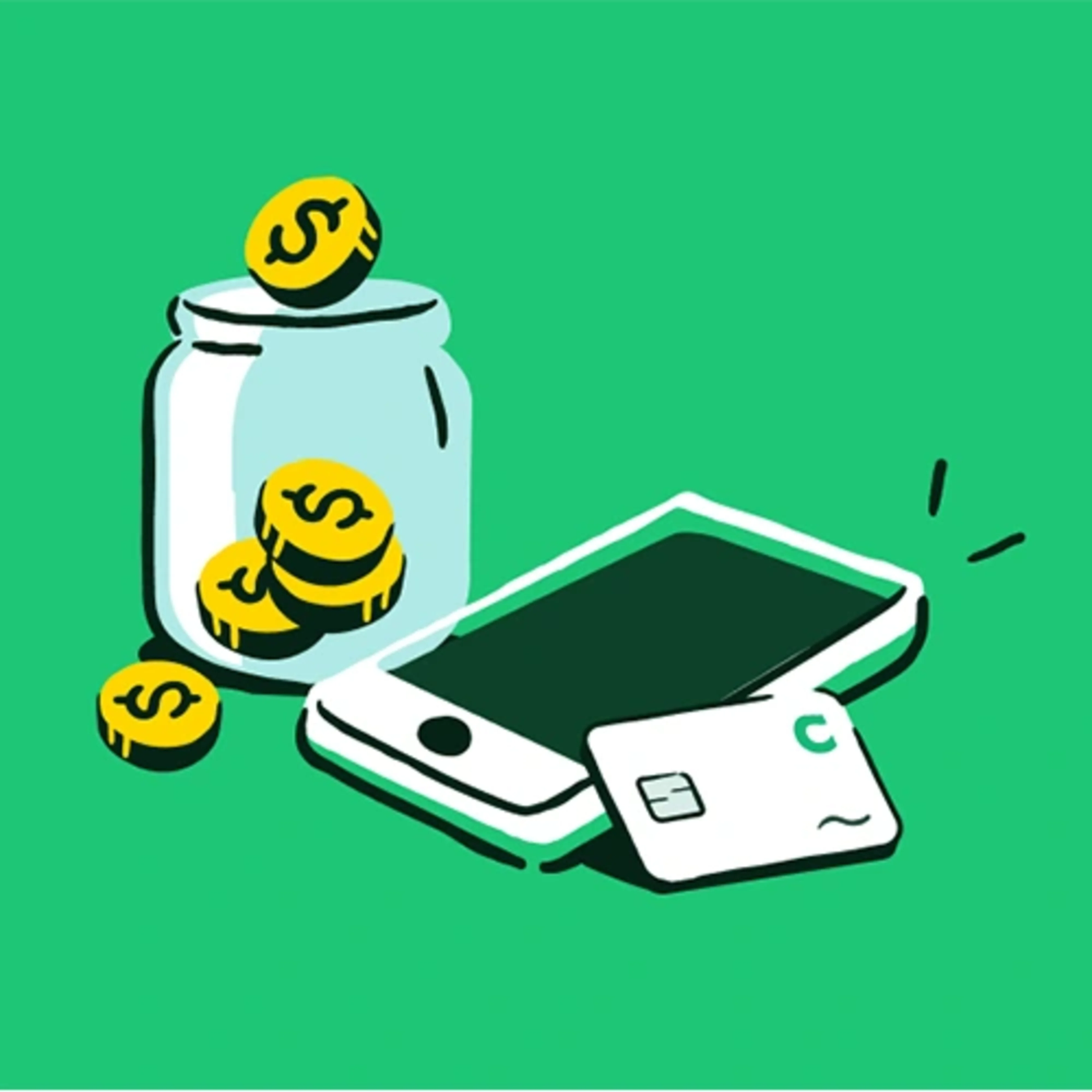 Illustration of a phone, Chime card, and jar with dollar coins on a green background.